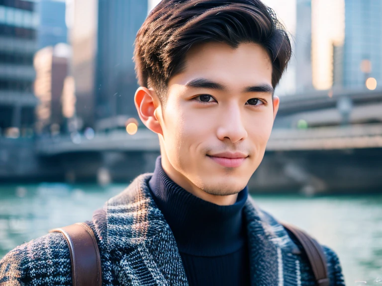 Realism, 8K full body portrait, a handsome guy, 20 year old man, charming expression, Detailed facial details, Tokyo eight cities, Winters, Shibuya background