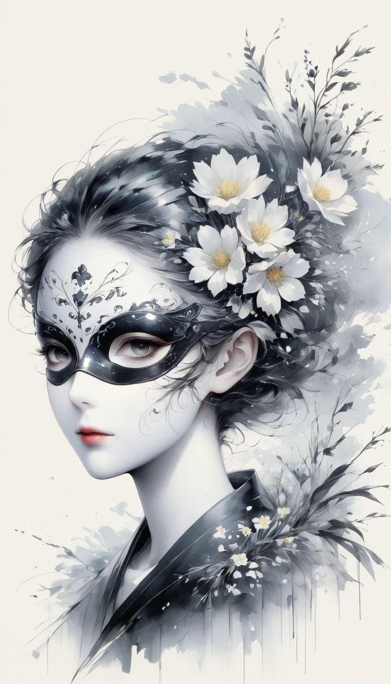 (Anime line drawing:1.5),(black and white painting:1.45),Minimalism,(line art:1.6),sketch,Charcoal drawing,mask,flower,,Illustration in surreal art style,surreal dream,