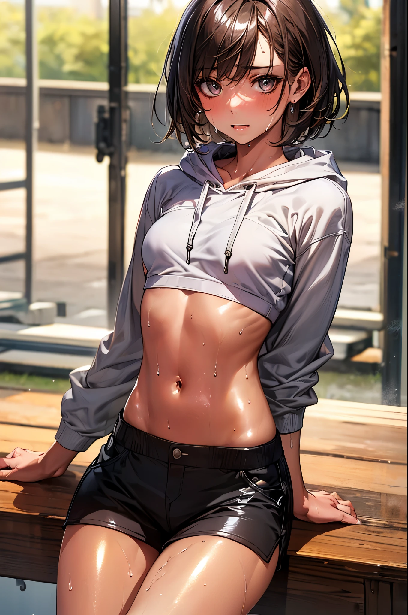 nsfw,pov,((perfect anatomy:1.5,realistic:1.3,RAW Photography:1.3,masterpiece、highest quality、Ultra - High resolution、High resolution、Highly detailed CG、8K)),cowboy shot,1 female,solo,hip hop dancer,18-year-old、High school girl beautiful girl,Japanese,((beautiful detailed face and eyes:1.2,big gorgeous eyes:1.2,gray eyes)),dark brown hair,short bob hair,bangs,medium breasts,slender body,small head:1.3,skinny,(oily skin,gleaming skin,shiny skin、sweat:1.7),((HIP-HOPファッション、white hoodie sweatshirt、crop top、navel、black micromini shorts)),sneaker shoe,sitting,spread leg:1.5,dance studio,Tokyo、