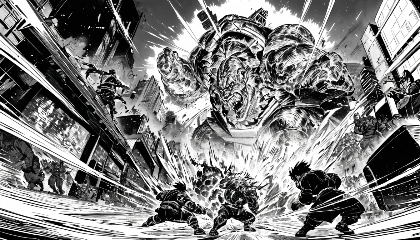 (Black and white Anime Line Art)(Line Art) A giant robot ninja does battle with a mutant gigantic monkey, they are brawling in downtown tokyo