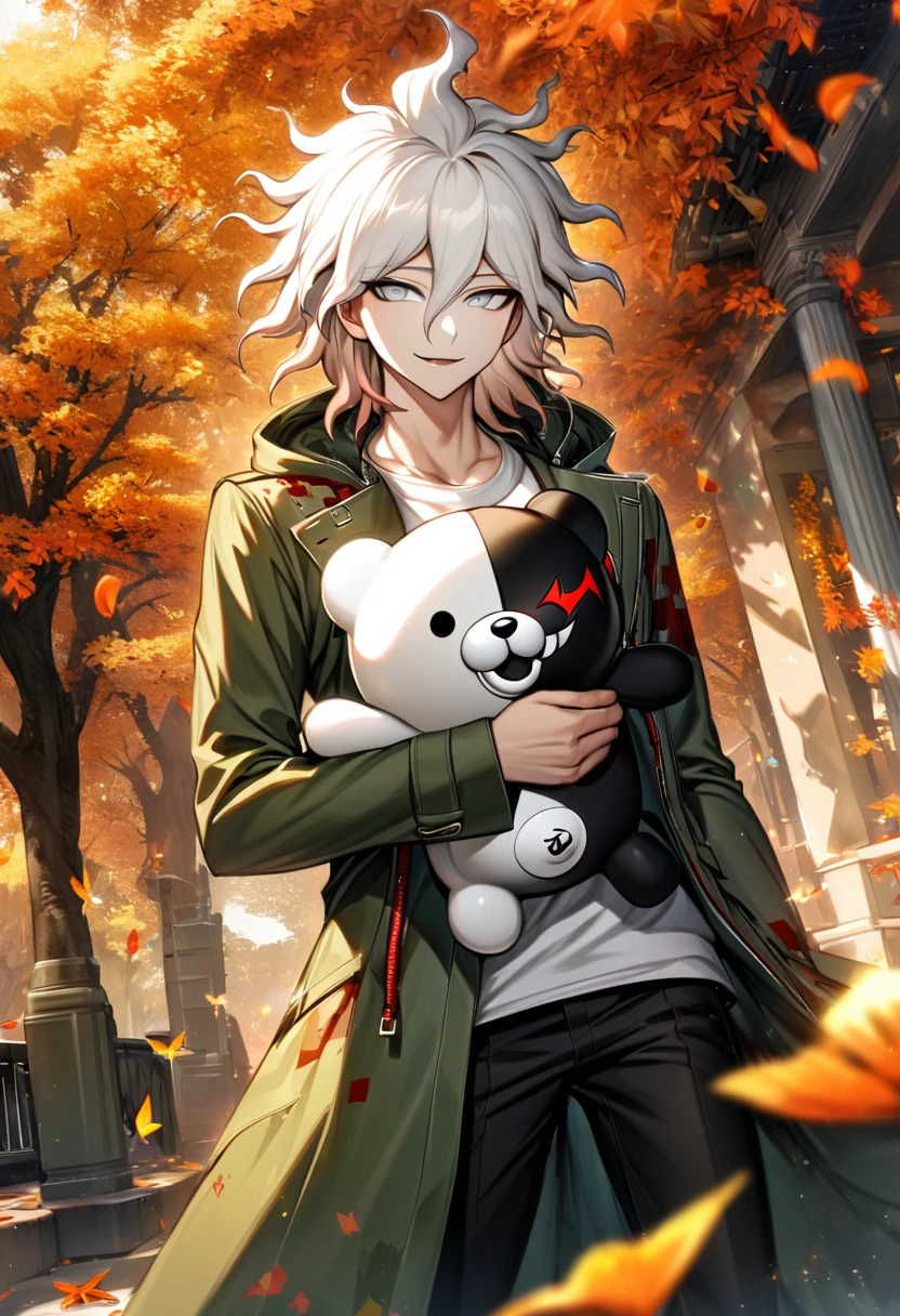 Ultra detailed, highres, absurdres, HDR, Komaeda Nagito, white hair, silver eyes, Danganronpa 2, green long coat, 1 man only, handsome, white tight t-shirt, autumn, black pants, flowers and petals, orange leaves, butterflies, smirking, holding a plushie of Monokuma,