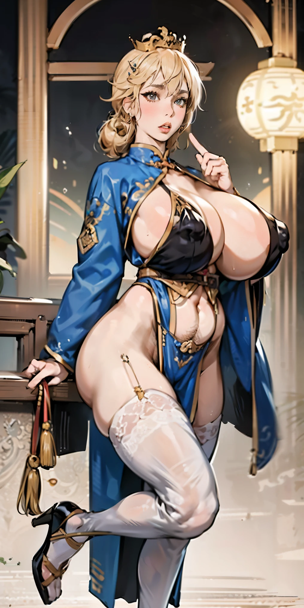 bellyband。Cover。big breasts。Breasts larger than torso。smooth and delicate woman。Sexy hot woman。prostitute。Hairpin。Taoist robe。full-body shot,High heel。Cultivation clothing。exposed。Antique Chinese costumes。vintage sexy clothing。Fengguanxiapei。Bundled hair with a golden crown。camel toe。