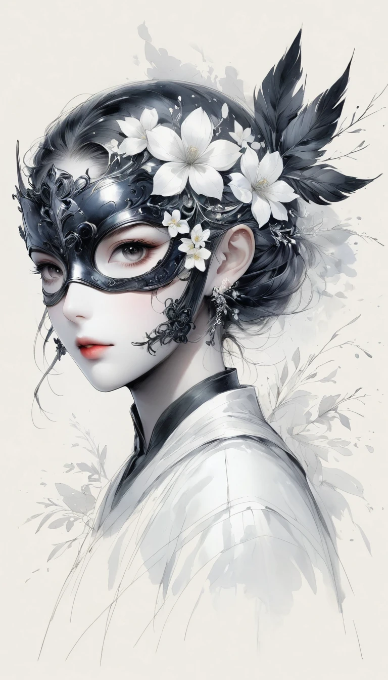 (Anime line drawing:1.5)，(black and white painting:1.45)，Minimalism，(line art:1.6)，sketch，Charcoal drawing，mask，flower