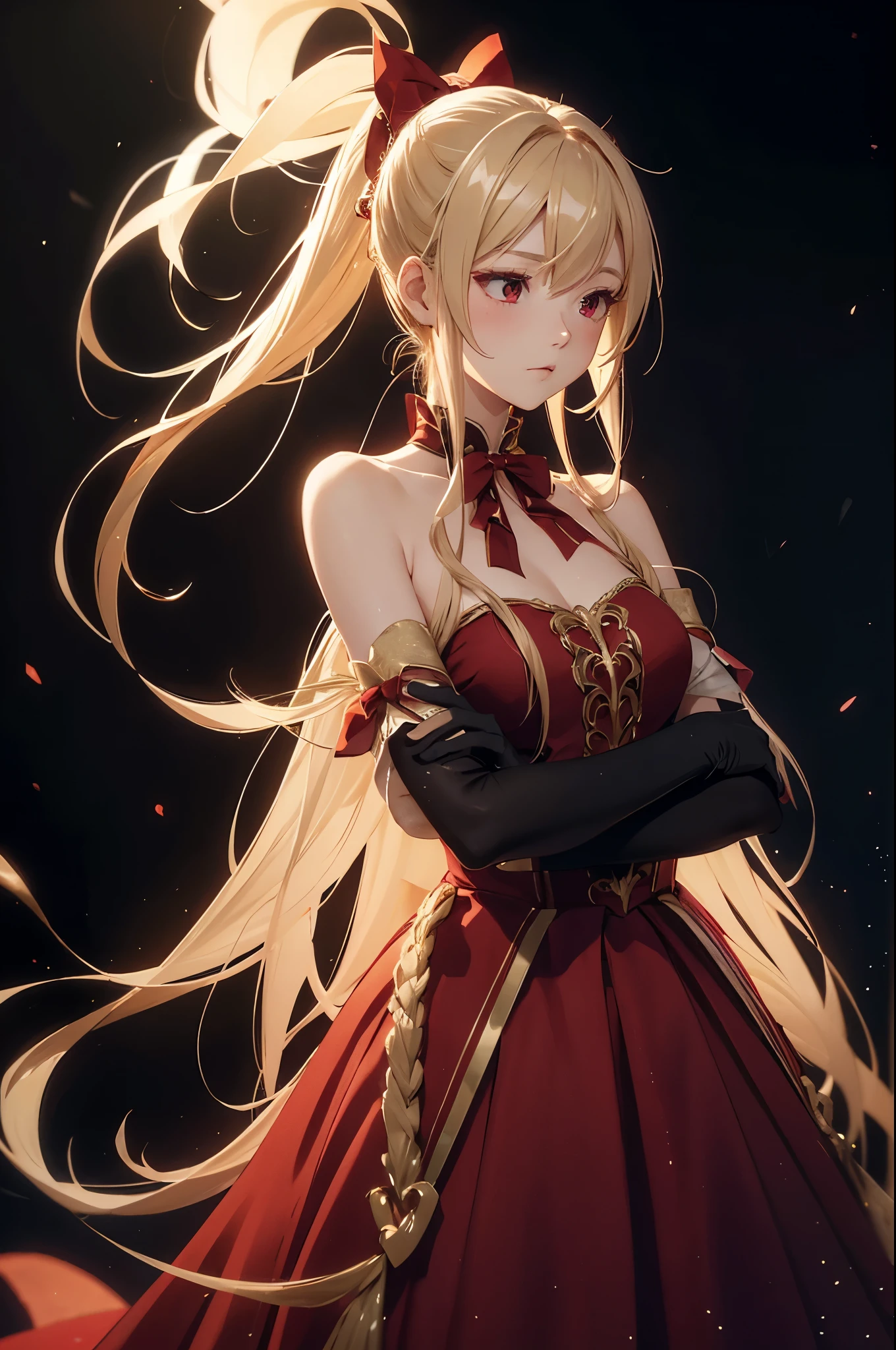 light particles, soft lighting, volumetric lighting, intricate details, finely detailed, backlighting,
1girl, solo, standing, upper body, crossed arms,
blonde hair, long hair, high ponytail, hair intakes, sidelocks, red bow,
red eyes, looking at viewer, tsurime, half-closed eyes,
red dress, off shoulder, bare arms, gloves,
black background, simple background,