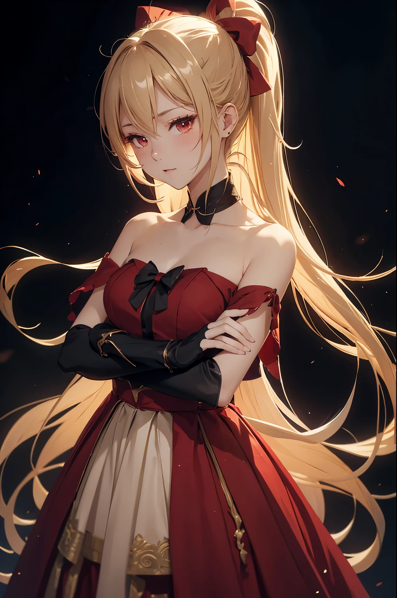 light particles, soft lighting, volumetric lighting, intricate details, finely detailed, backlighting,

1girl, solo, standing, upper body, crossed arms,

blonde hair, long hair, high ponytail, hair intakes, sidelocks, red bow,

red eyes, looking at viewer, tsurime, half-closed eyes,

red dress, off shoulder, bare arms, gloves,

black background, simple background,

