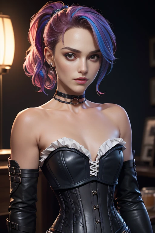 photo of celebrity, RAW, beautiful woman, ((portrait)), ((detailed face, colorful rainbow hair:1.2)), ((detailed facial feature, detailed skin, clear skin, parted lips), (perfect proportioned body, medium breasts, side boob), (wearing choker, bounty hunter outfit, corset, bare shoulders, thigh high boots, pale skin, dark makeup: 1.5)), (high detailed pub, looking at viewer: 1.3), (realistic photo, best quality, detailed), (8k wallpaper), (cinematic lighting, dramatic lighting) (sharp focus, intricate)