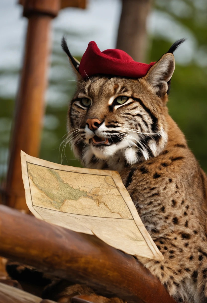 Bobcat, on the main deck of pirate ship, holding a treasure map with his mouth.