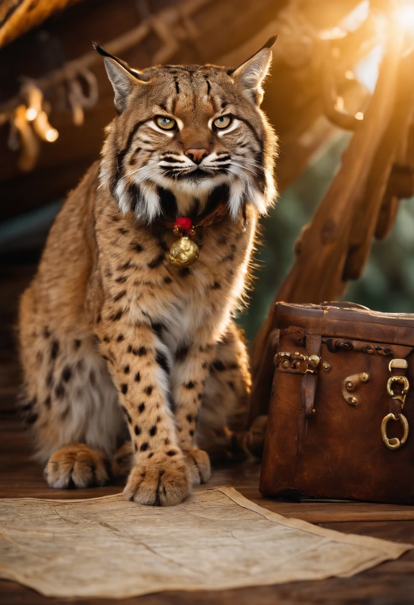 Bobcat, on the main deck of pirate ship, holding a treasure map with his mouth.