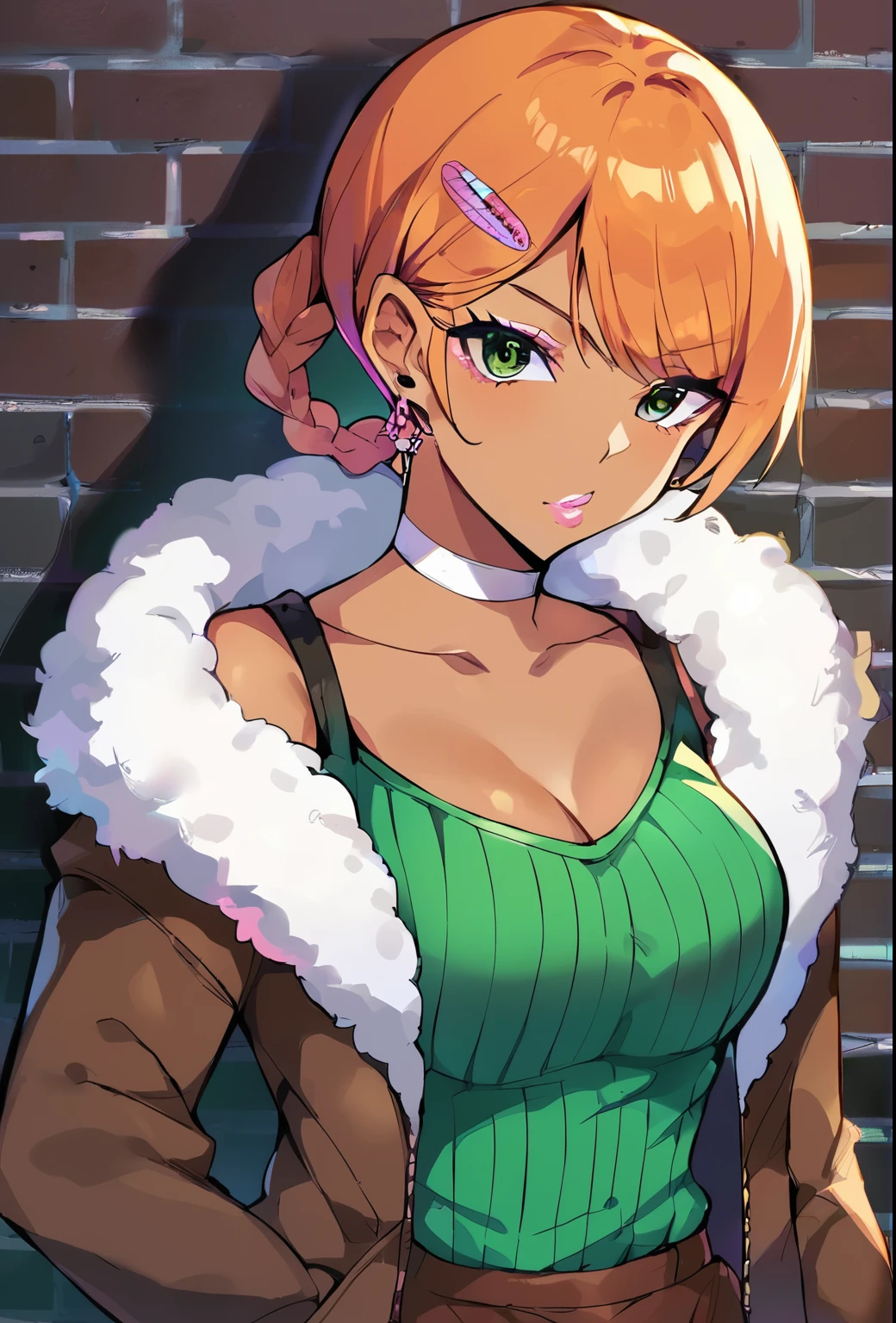 Score_9, score_8_up, score_7_up, score_6_up, gyaru, source_anime, 1girl, solo, white background, brick wall backdrop, upper body, looking at viewer, BREAK, earrings, BREAK, thin pink lips, tanned skin, pink makeup, ribbed sweater, fur trim, bare shoulders, off shoulder, white choker, hairclip, alex, green eyes, braid, orange hair, green shirt, brown pants, boots, full body