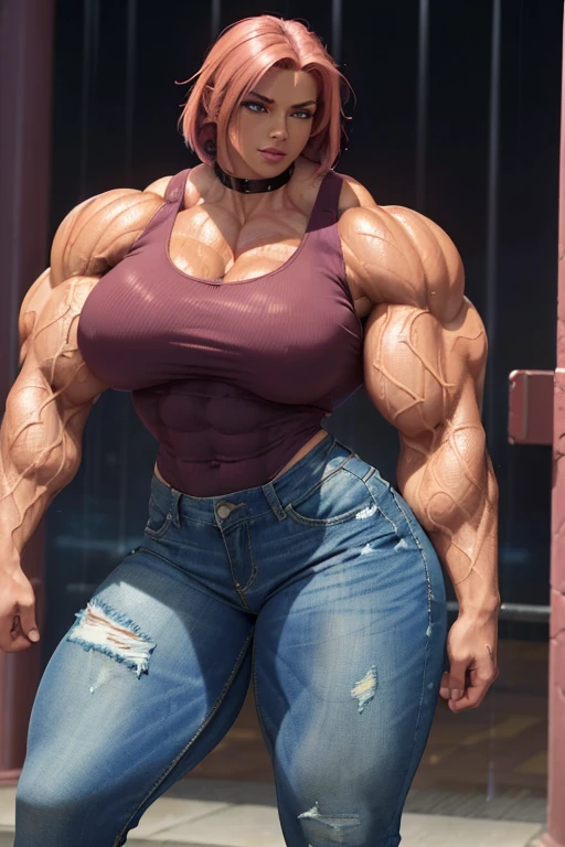 (((((Massive tall, beautiful, buff, wet, brown skinned muscular woman with shocking pink hair, ginormous bulky muscles, and wearing a tight white tank top with tight denim pants))))), close view, massive muscle, massive biceps, hyper muscle shoulders, (massive muscle arms), vascular shoulders, hyper muscle triceps, (angled bob cut covering one eye), red eyes, choker, (long fingerless gloves), black boots, (in a rainy city), confidant smile, night, hyper vascular arm, hyper muscles arms, hyper muscle legs, (massive arms).