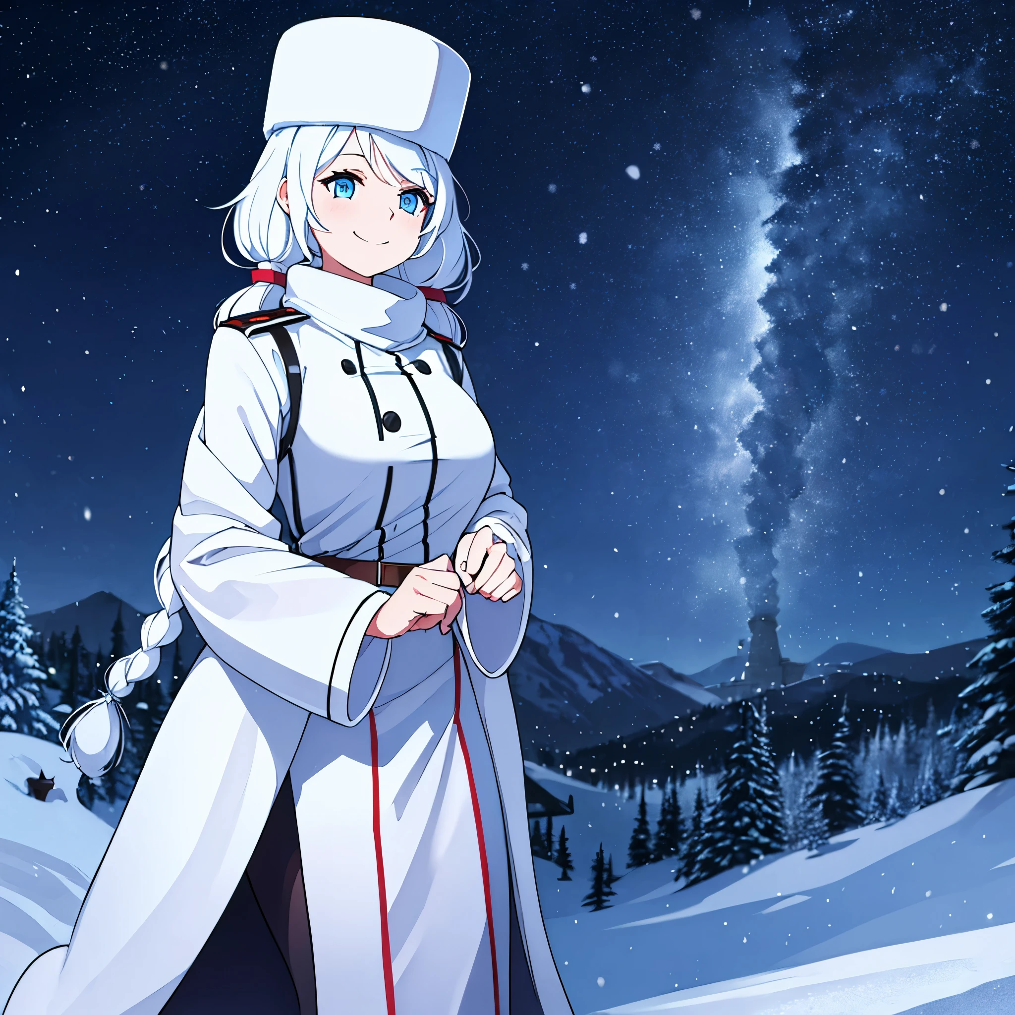 A woman wearing white winter clothing, imperial Russian military hat, white hair, pigtails, smiling, blue eyes, in a city with a winter climate, at night, illuminated,HDR, ultra resolution, well defined, masterpiece, 8K HD. (solo woman)