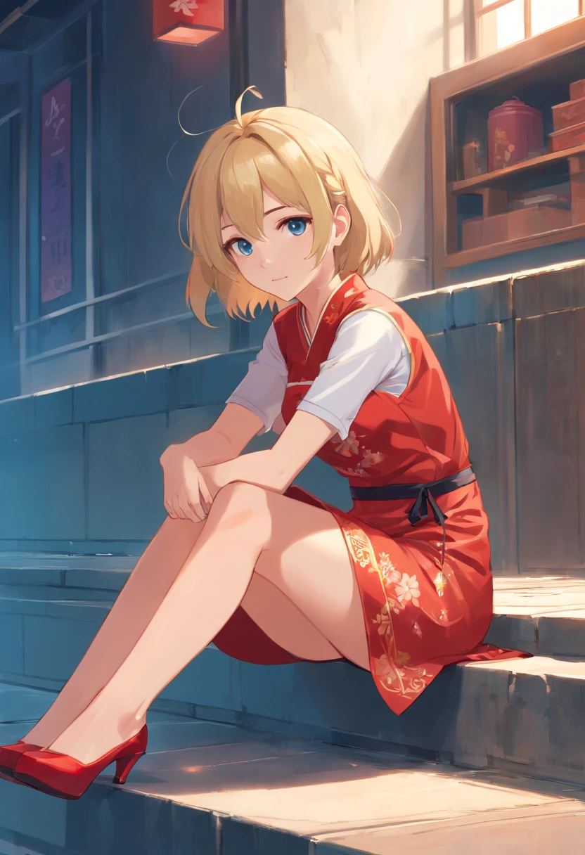 Mujer, 17 years, rubia, pelo corto, ojos azules, sitting cross-legged wearing a red Chinese dress and high heels of the same color