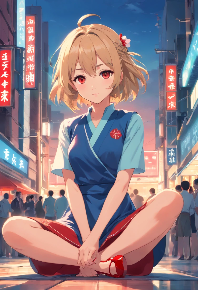 Mujer, 17 years, rubia, pelo corto, ojos azules, sitting cross-legged wearing a red Chinese dress and high heels of the same color