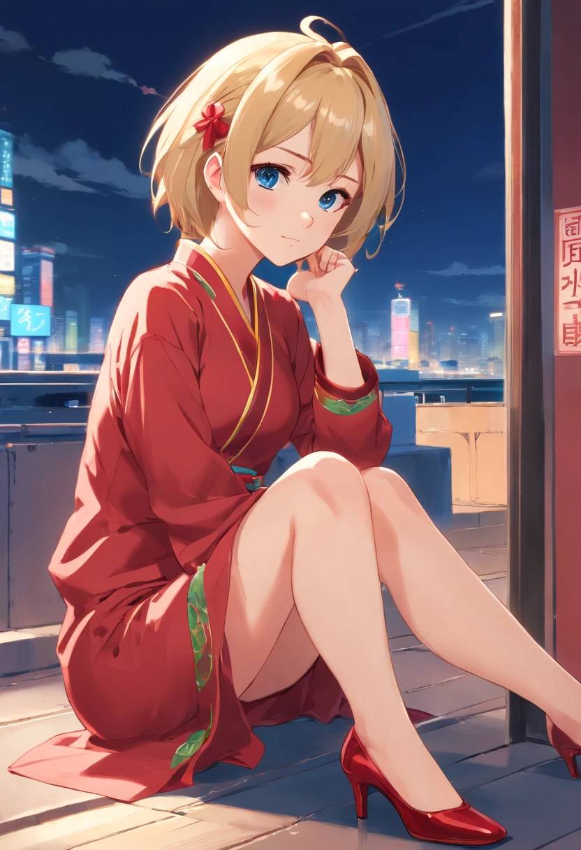 Mujer, 17 years, rubia, pelo corto, ojos azules, sitting cross-legged wearing a red Chinese dress and high heels of the same color