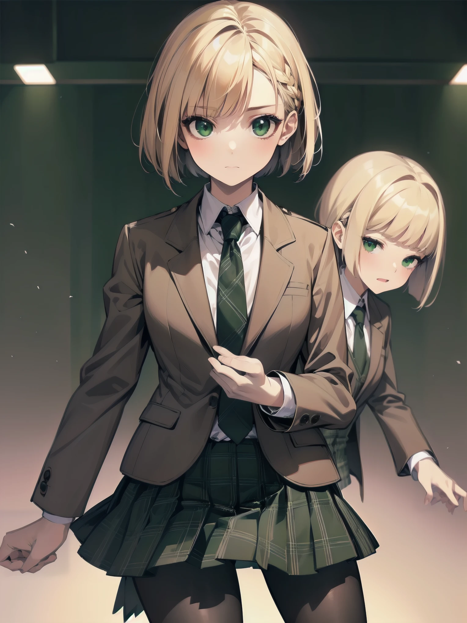 Top-High quality、Highest image quality、masterpiece、high contrast、Elegant、erotic expression、high school girl、blonde、Bob cut braids、uniform、(brown blazer)、ribbon tie、(Green and gray plaid skirt)、(black tights)、cinematic lighting、fine shading、cute、Truly unbelievably cute absurd、outside、outside苑