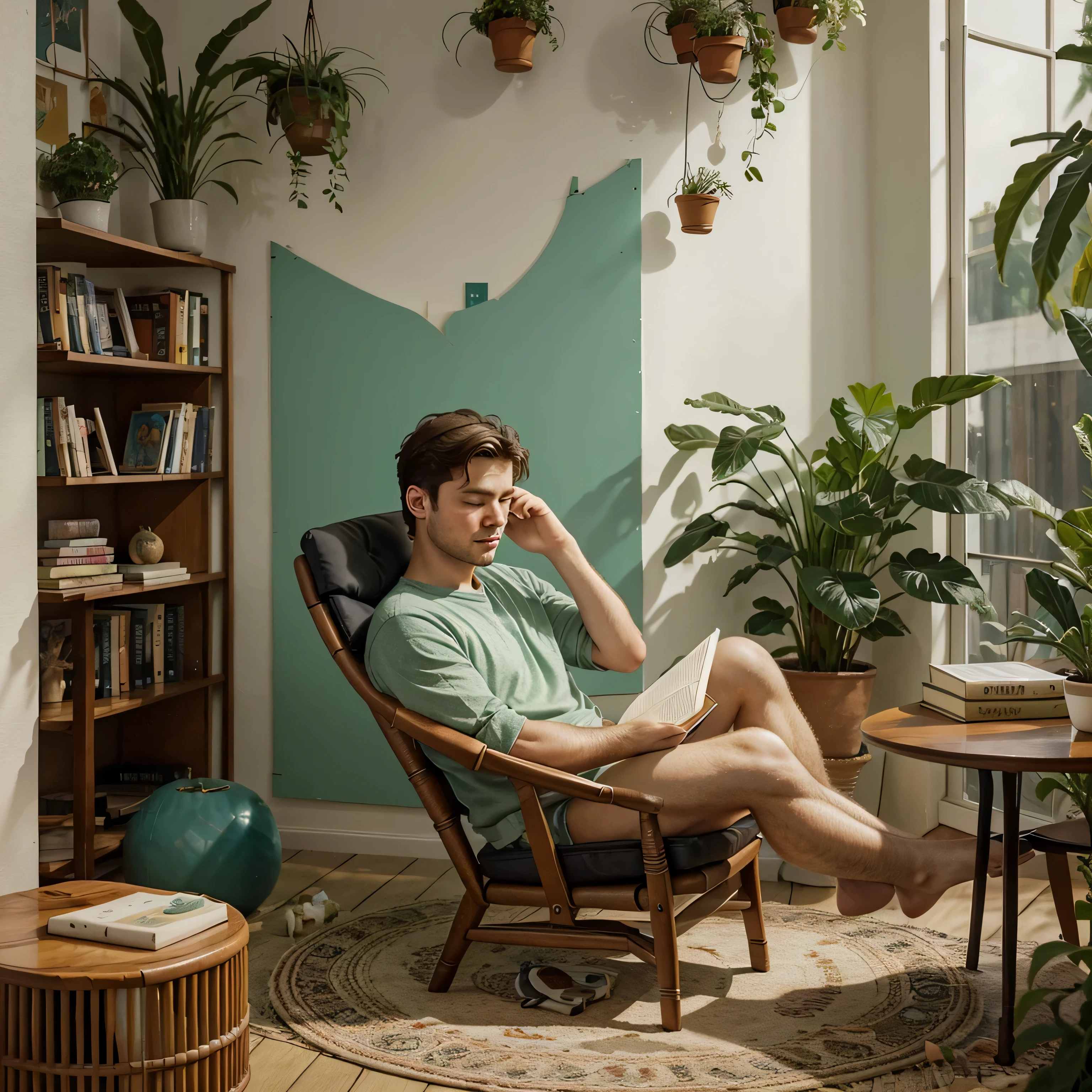 There is a round-headed man sitting on a chair reading a book, lo-fi illustration style, dogs and plants, aesthetic, Reading a book, dreamy illustration, Cute illustration, relaxed mood, Studying, lofi art, relaxing concept art, blurry and dreamy illustration, lofi artstyle, There is a book next to the cat