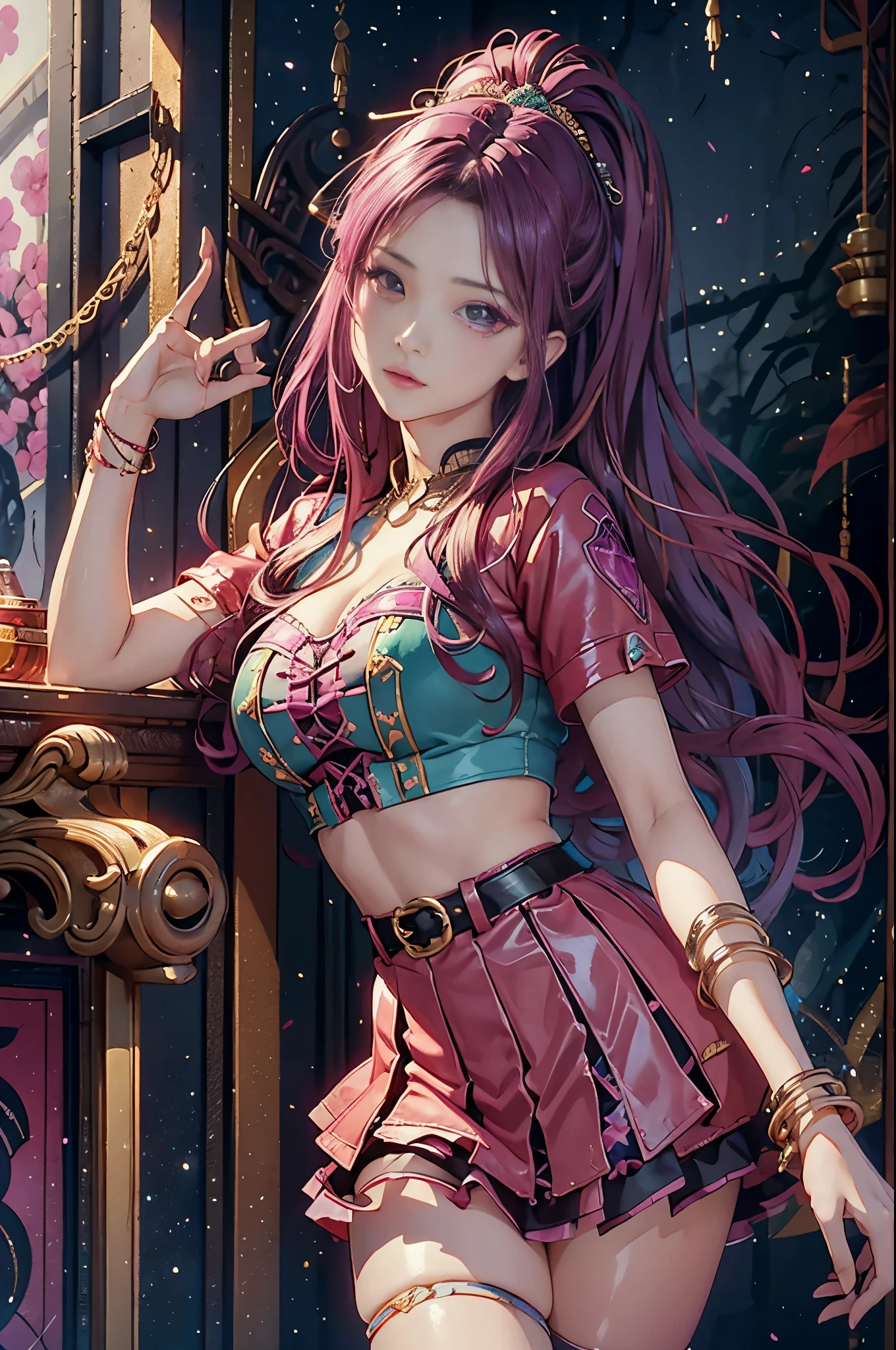 magenta tint、Bright colors、((masterpiece)))、(((top quality)))、((Super detailed))、(surreal)、(Very detailed CG illustrations)、official art、CD cover、This will be、midsummer、fashionable、The glorious 1980s、cruel beauty、cochetti gorgeous、gorgeous、Colorful hair、rock music、leather jacket、miniskirt、women only、perfect angle、Perfect composition、