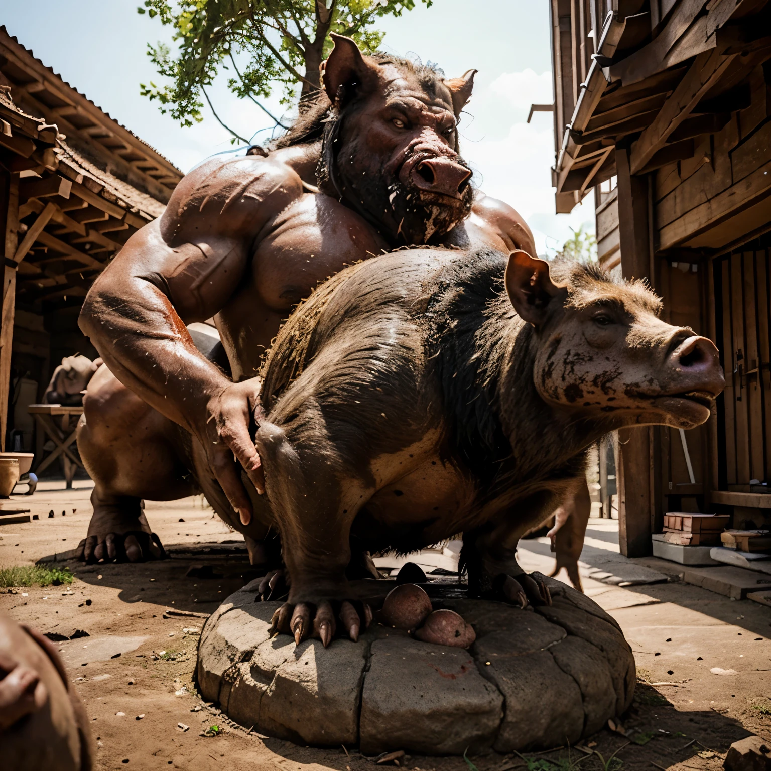 Large, strong human-type boar stepping on the head of a goblin (with the organs outside and a lot of blood)