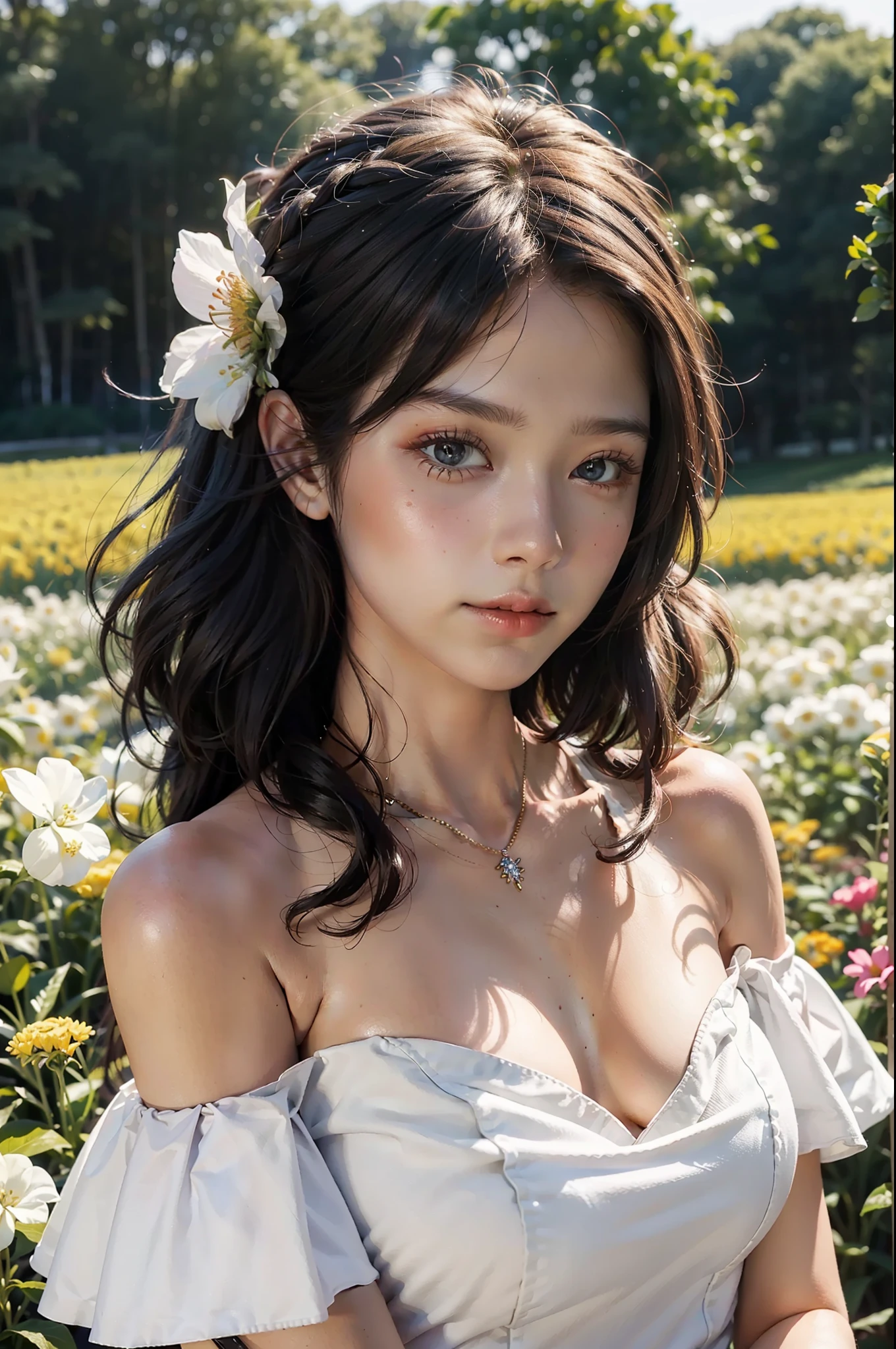 Best quality, masterpiece, ultra high res, (photorealistic:1.4), raw photo, 1girl, white dress, off shoulder, blossom flower field, glowing skin, light smile, holding flower