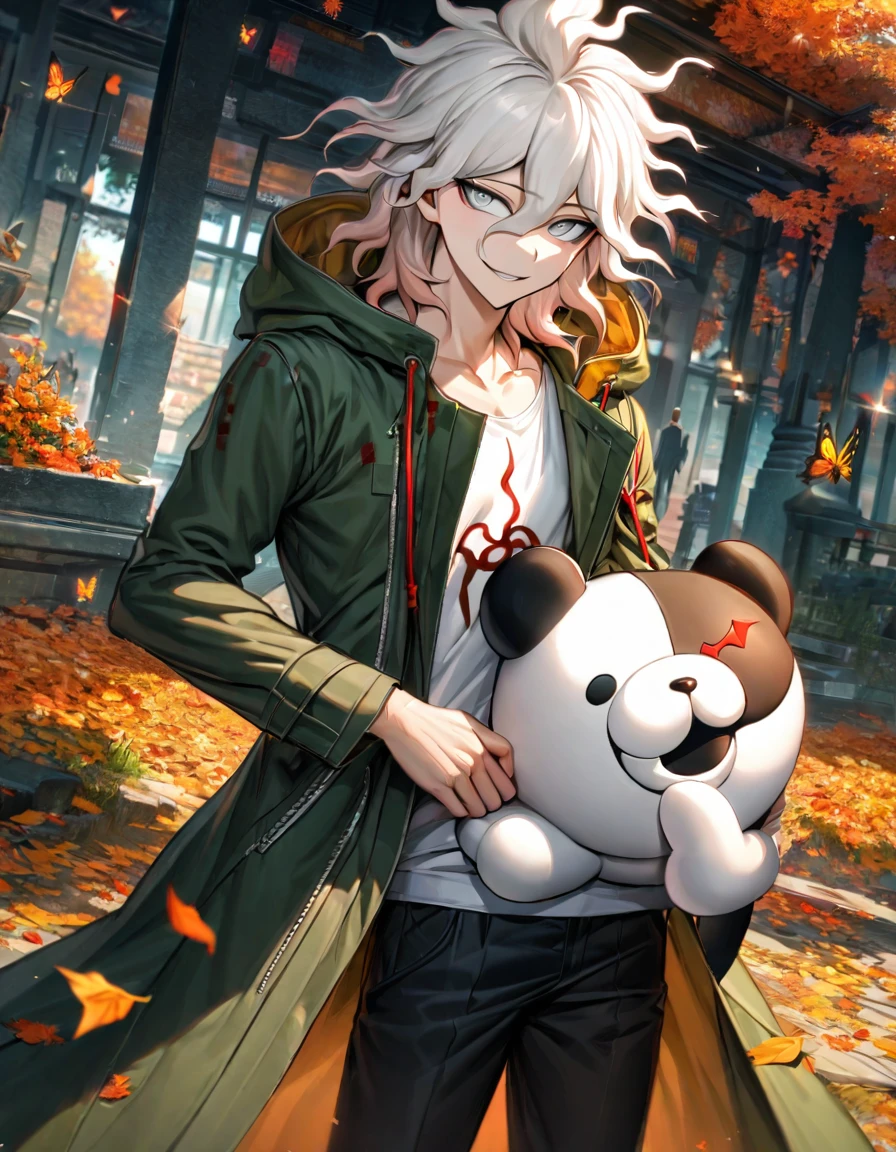Ultra detailed, highres, absurdres, HDR, Komaeda Nagito, white hair, silver eyes, Danganronpa 2, green long coat, 1 man only, handsome, white tight t-shirt, autumn, black pants, flowers and petals, orange leaves, butterflies, smirking, holding a plushie of Monokuma,