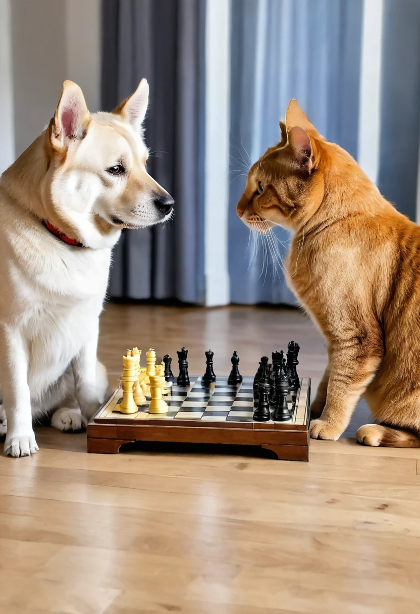 Make me a photo of dog and cat playing chess.