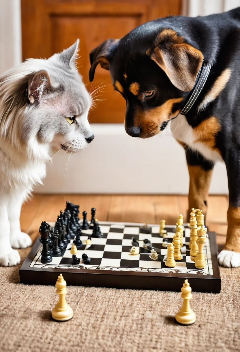 Make me a photo of dog and cat playing chess.