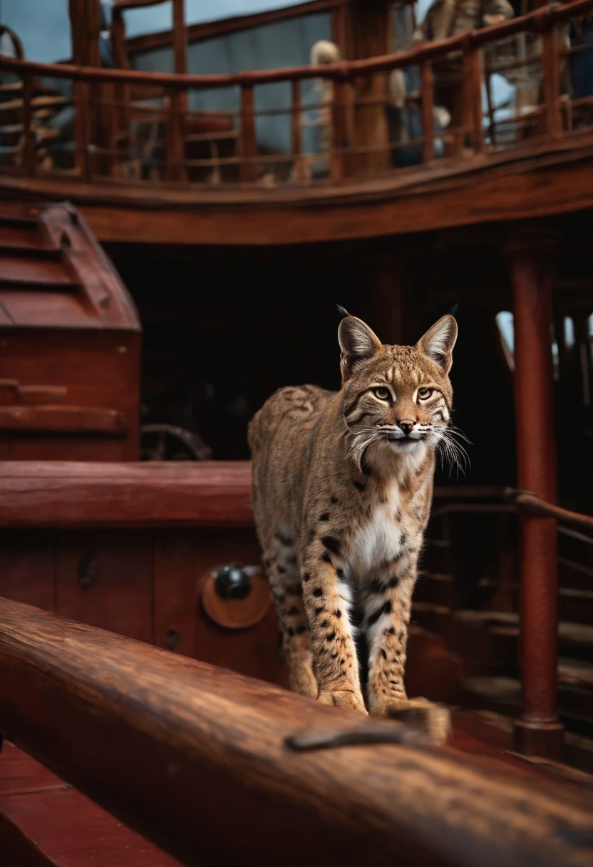 Bobcat, walking on pirate ship floor, at the Captain quarters.