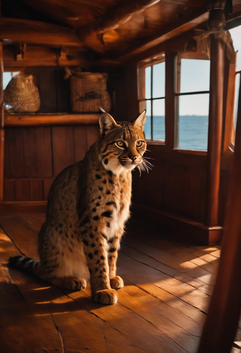 Bobcat, walking on pirate ship floor, at the Captain quarters.