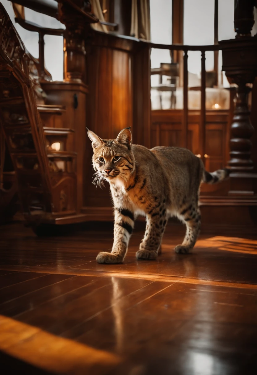 Bobcat, walking on pirate ship floor, at the Captain quarters.