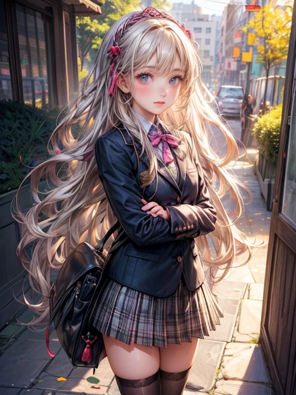 full body, masterpiece:1.2, highest quality:1.2, 8k, CG, photorealistic:1.37, delicate detailed:1.8 (eyes, pupils, lips, face, hair, hand, skin), soft touch illustration, platinum blond, braid, cute girl, A girl wearing a blazer and a plaid mini skirt and thighhigh. The girl has beautiful detailed eyes and lips, and a long eyelashes. The scene is set in a garden, with vibrant colors and sharp focus. The artwork is of the highest quality, with ultra-detailed elements and a realistic style. The lighting is soft and natural, enhancing the overall atmosphere, walking to school, colorful backpack, cheerful expressions, morning sunshine, busy city streets, , morning rush, friends chatting, bustling crowd, tall buildings, crossing the road, street vendors, honking cars, bike lanes, green trees, book in hand, happy memories, laughter, fresh air, school gate, anticipation, learning journey, busy classrooms, knowledge, growth