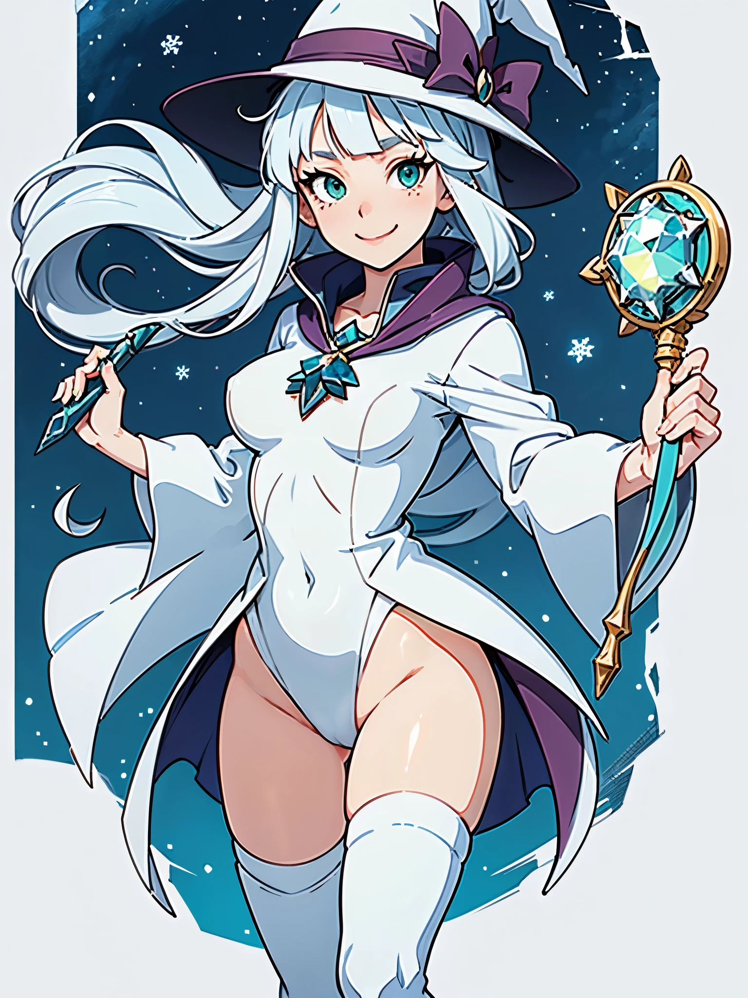 a cartoon of a woman dressed in a superhero costume holding a wand, witch academia, superhero sorceress witch, glamorous angewoman digimon, sky witch, by Aguri Uchida, maya ali as an ice mage, white tuxedo, leotard, solid white leotard with florescent blue accents, bare legs, white thigh-highs, winter boots, white witch hat, white hair, long hair, ponytail, green eyes, eye mask beautiful detailed eyes, beautiful detailed face, cute face, slightly large breasts, smile, wink, playful, flirty, -18, solo, solo focus, wonder, concept art!!