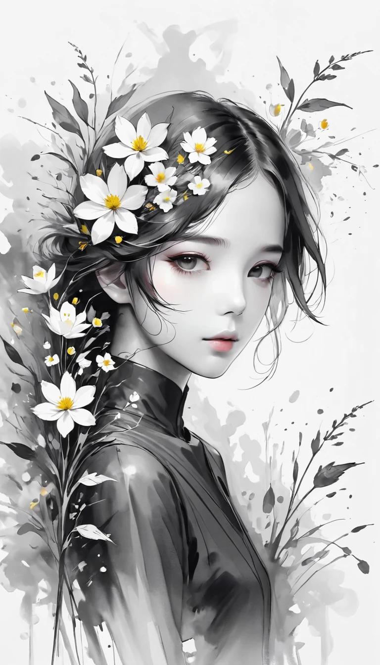 (Anime line drawing:1.5)，(black and white painting:1.45)，Minimalism，(line art:1.6)，sketch，Charcoal drawing，mask，flower