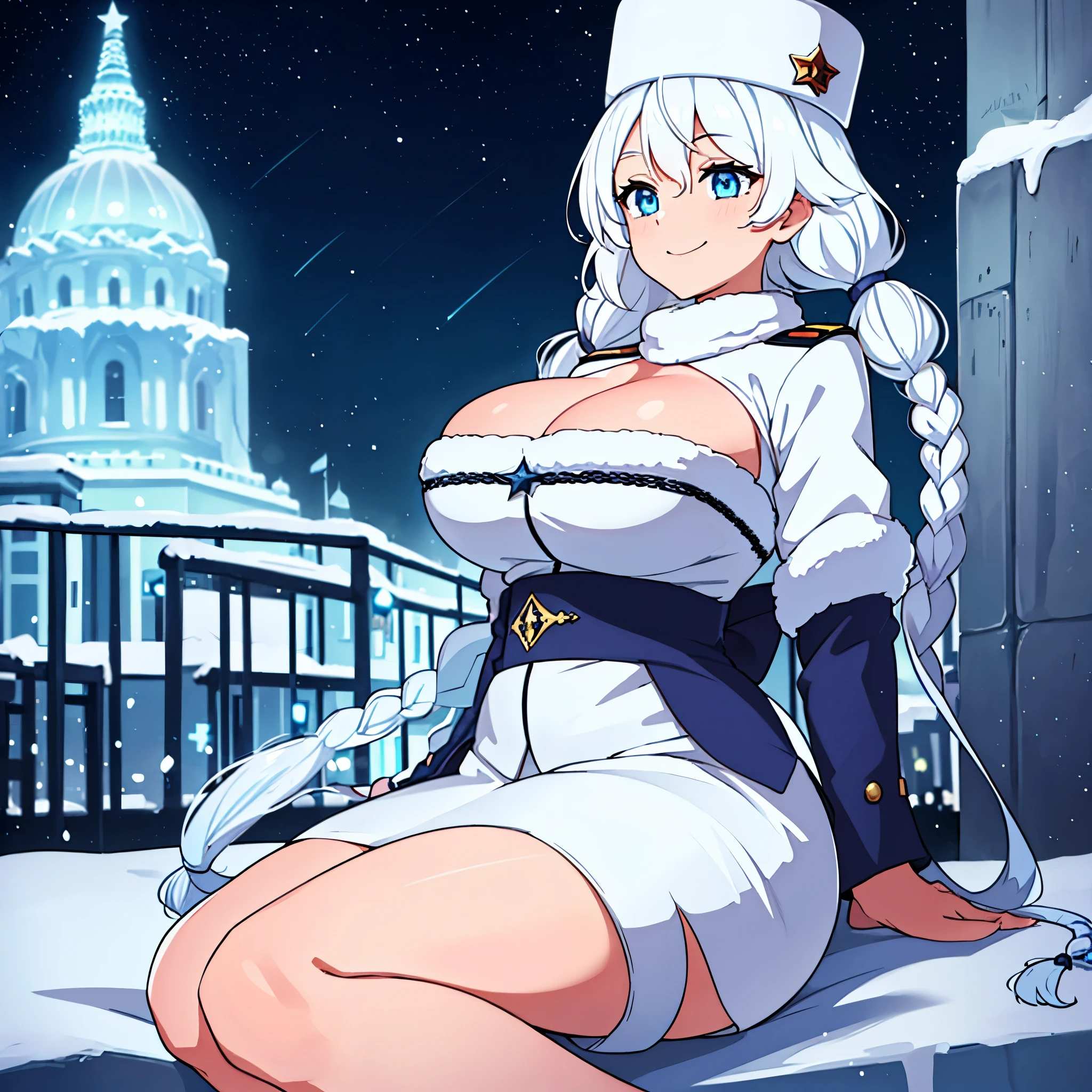 A woman wearing white winter clothing, imperial Russian military hat, white hair, pigtails, smiling, blue eyes, in a city with a winter climate, at night, illuminated,HDR, ultra resolution, well defined, masterpiece, 8K HD. (solo woman)
