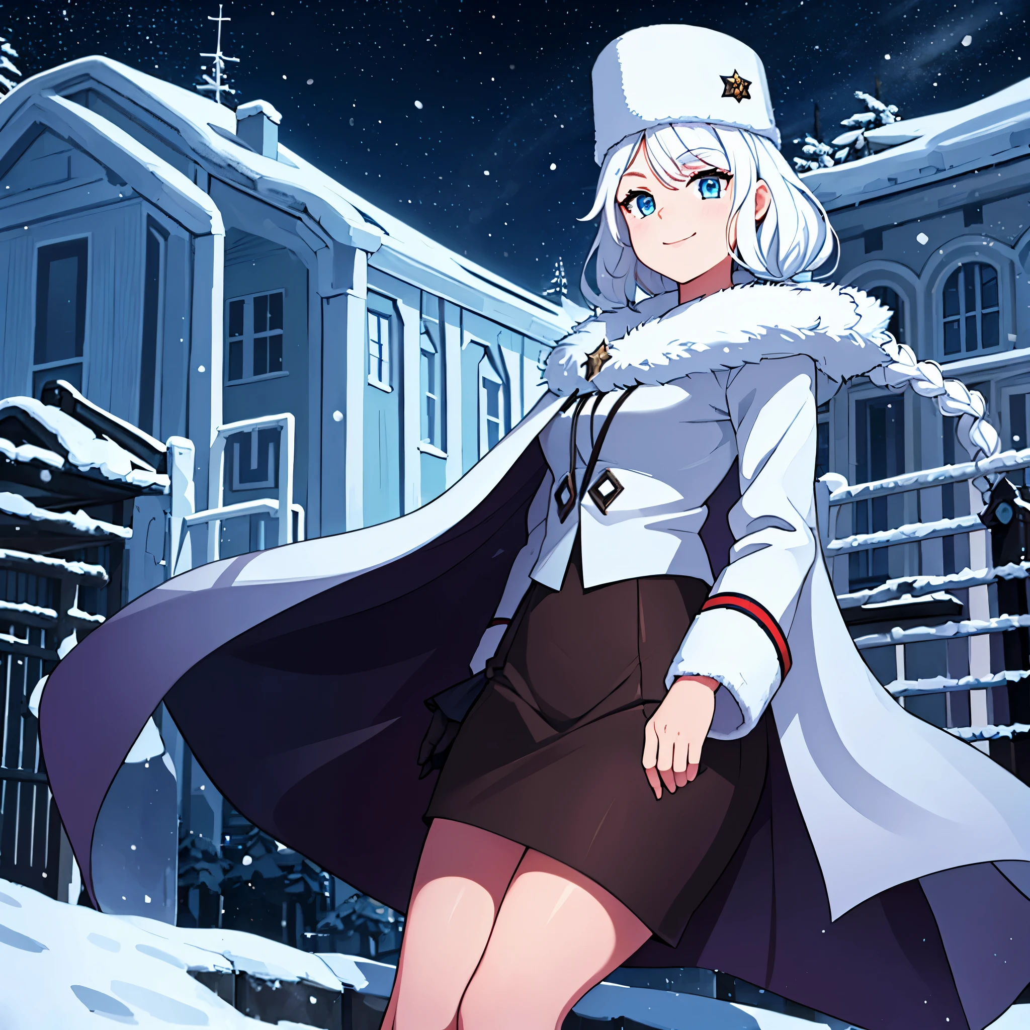 A woman wearing white winter clothing, imperial Russian military hat, white hair, pigtails, smiling, blue eyes, in a city with a winter climate, at night, illuminated,HDR, ultra resolution, well defined, masterpiece, 8K HD. (solo woman)
