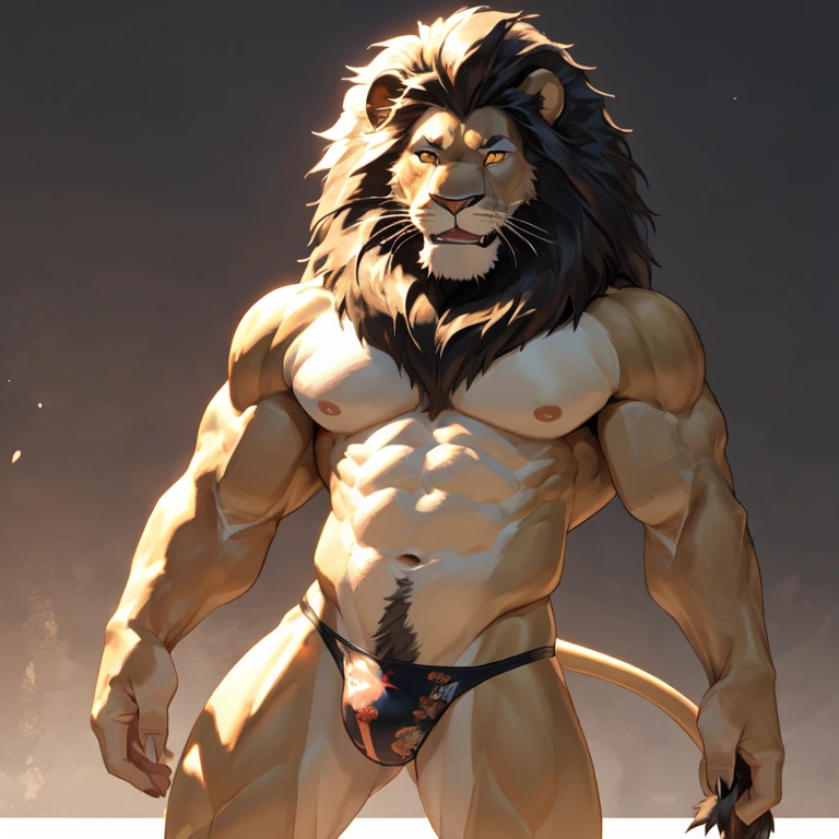 (non-human male lion), white body, white belly, sexy pose, muscular body, alone, kemono, thong, toothy smile,Clear eyes,first round