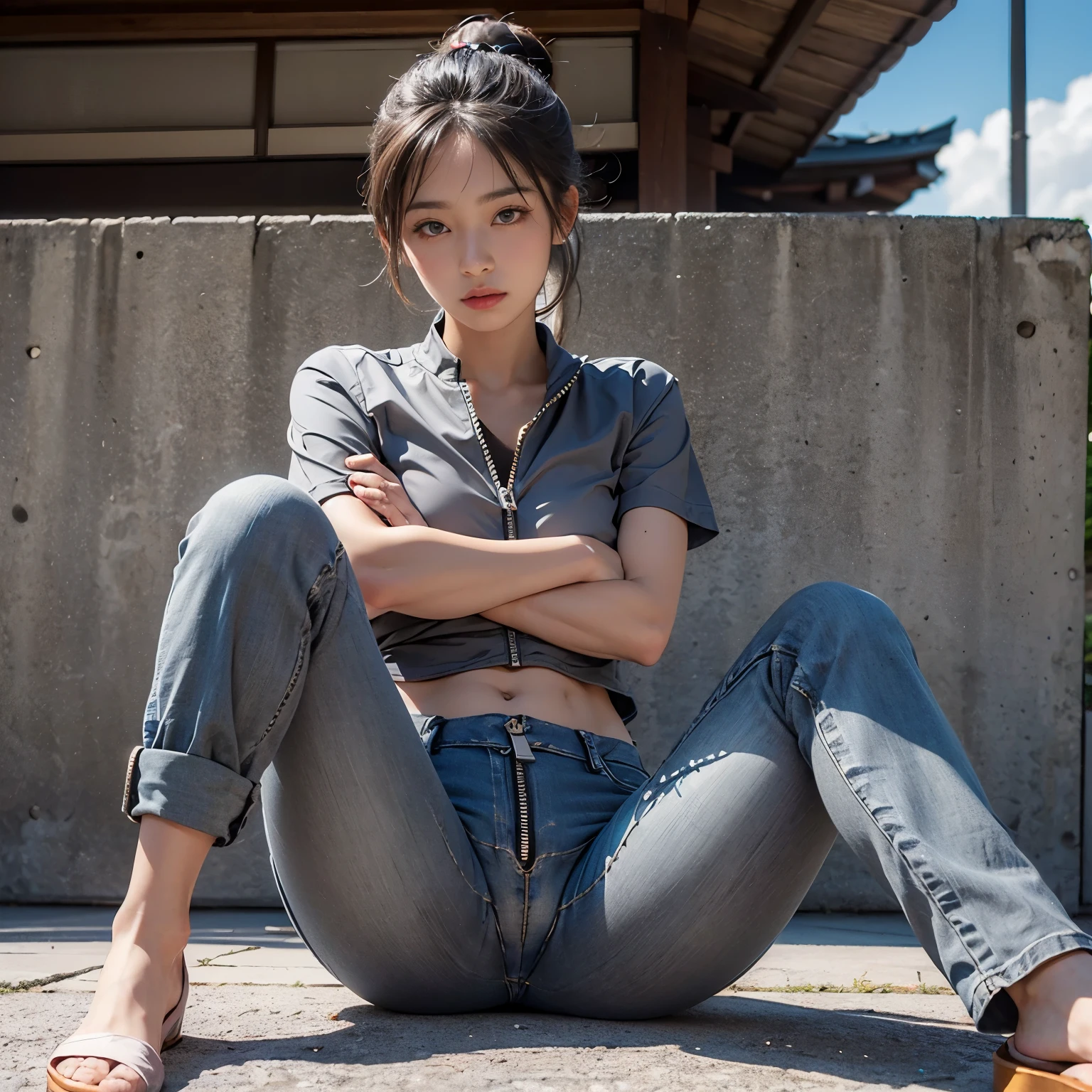 (Photographed with (camera Canon EOS R5, lens Canon EF 24-70mm f/2.8L II, lighting LED panel) ) , (4k, realistic photo:1.5), BREAK, (masterpiece, best quality),
(full body shot :1.4), solo focus, BREAK, 
 (outdoors, Sit down with both knees bent on the ground , spread legs:1.8), 
(1girl :1.4),  (high resolution detail of human skin texture :1.4), 
(eyes are red and swollen),  looking at viewer, The body is facing the viewer, 
( crossed arms :1.5), 
( 1 japanese girl :1.5), 
( 20 years old :1.5), 
( brown eyes ,double-edged eyelid:1.5), 
( natural Hair Color brown ), 
( dyed Hair Color  blue  ), 
( Hair Style ponytail ), 
( very skinny body :1.5), 
hetero, parted lips, BREAK, 
( wearing unbuttoned short shirt ), ( wearing  grey jeans pants with zipper down : 1.5), (showing panties under pants :1.5 ), 
BREAK, 
