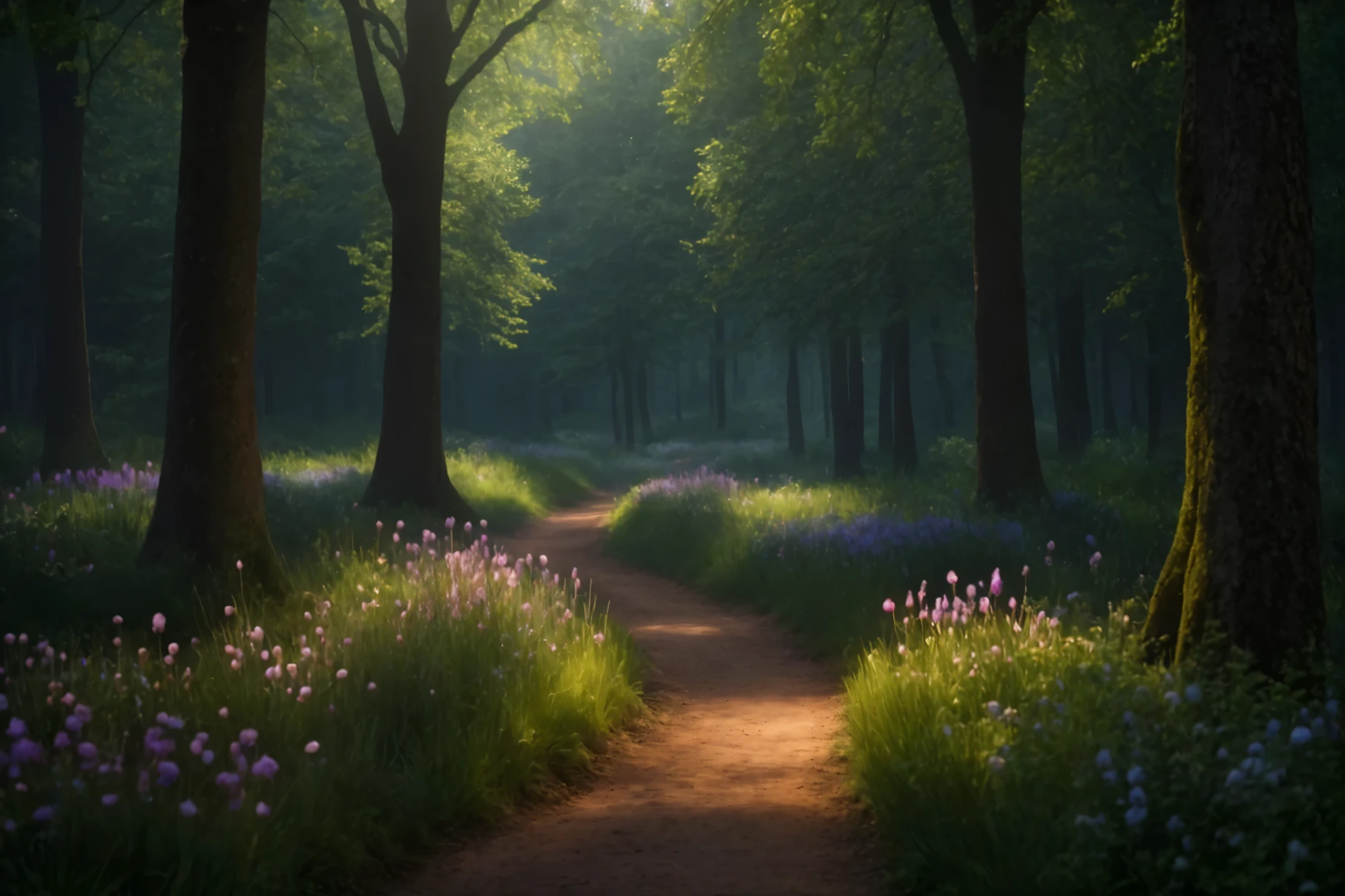 il y a un chemin à travers une forêt avec des fleurs et des arbres, in cadre forestier serein, Magic forest backround, Magic forest, magical glade, anime luxuriant john 8k bois, ambiance calme et sereine, cadre forestier serein, A beautiful trail in a forest, beautiful forest, Fairytale forest, fond de forêt douce, fantastic and magical forest, Environnement magique, really beautiful forest