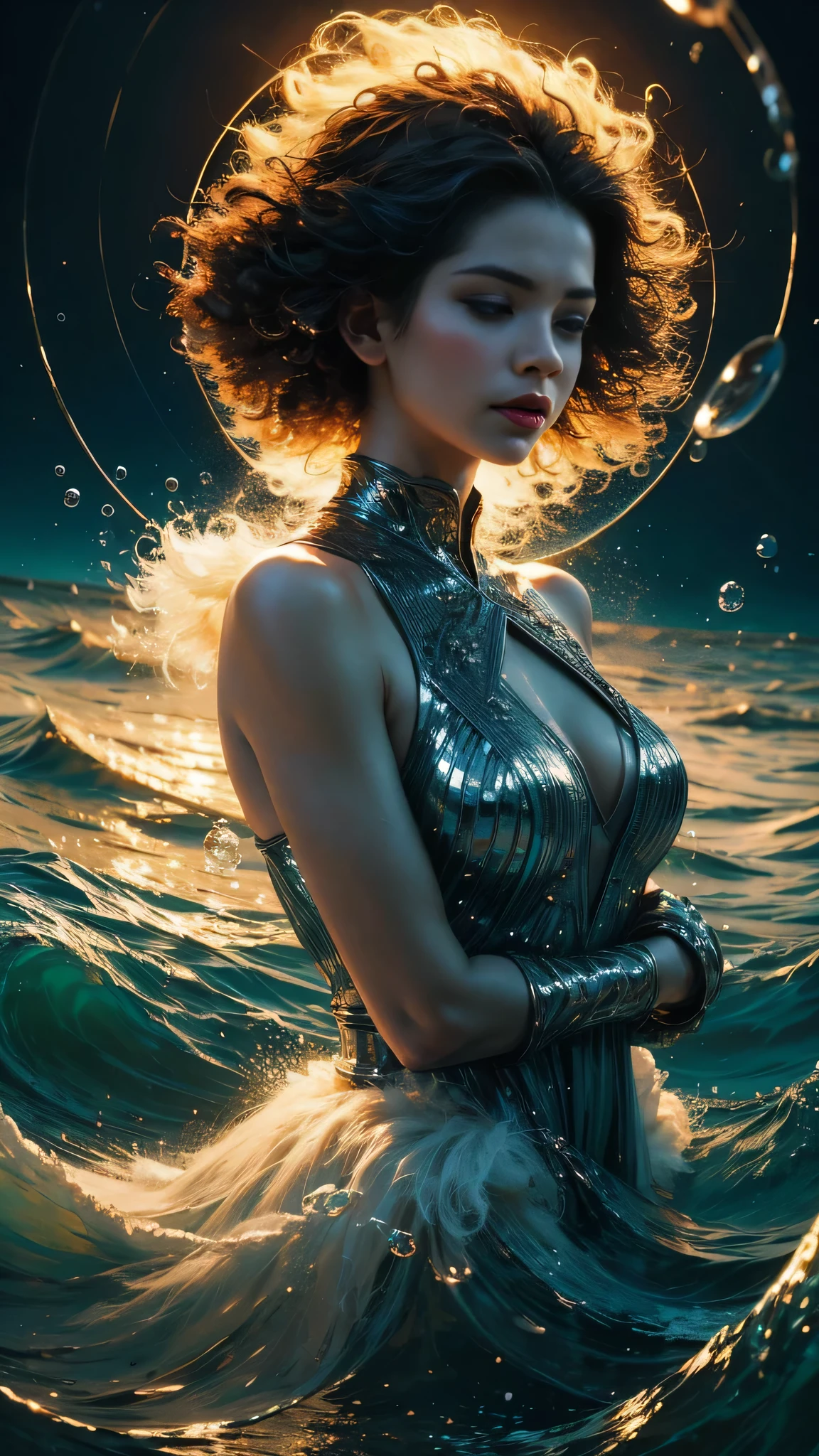 1 girl, upper body, single focus, enigmatic beauty, Hydrogen-inspired attire, shimmering gown resembling water molecules, (hydrogen fusion backdrop: 1.4), (gentle bubbling: 1.3), enigmatic features, ethereal aura, [depth of field, ambient lighting, swirling hydrogen atoms foreground, tranquil ambiance], Hydrogen Harmony, bubbling echoes, tranquil presence, (subtle hissing), (rippling waves: 1.2), intricate details, enhanced lighting.