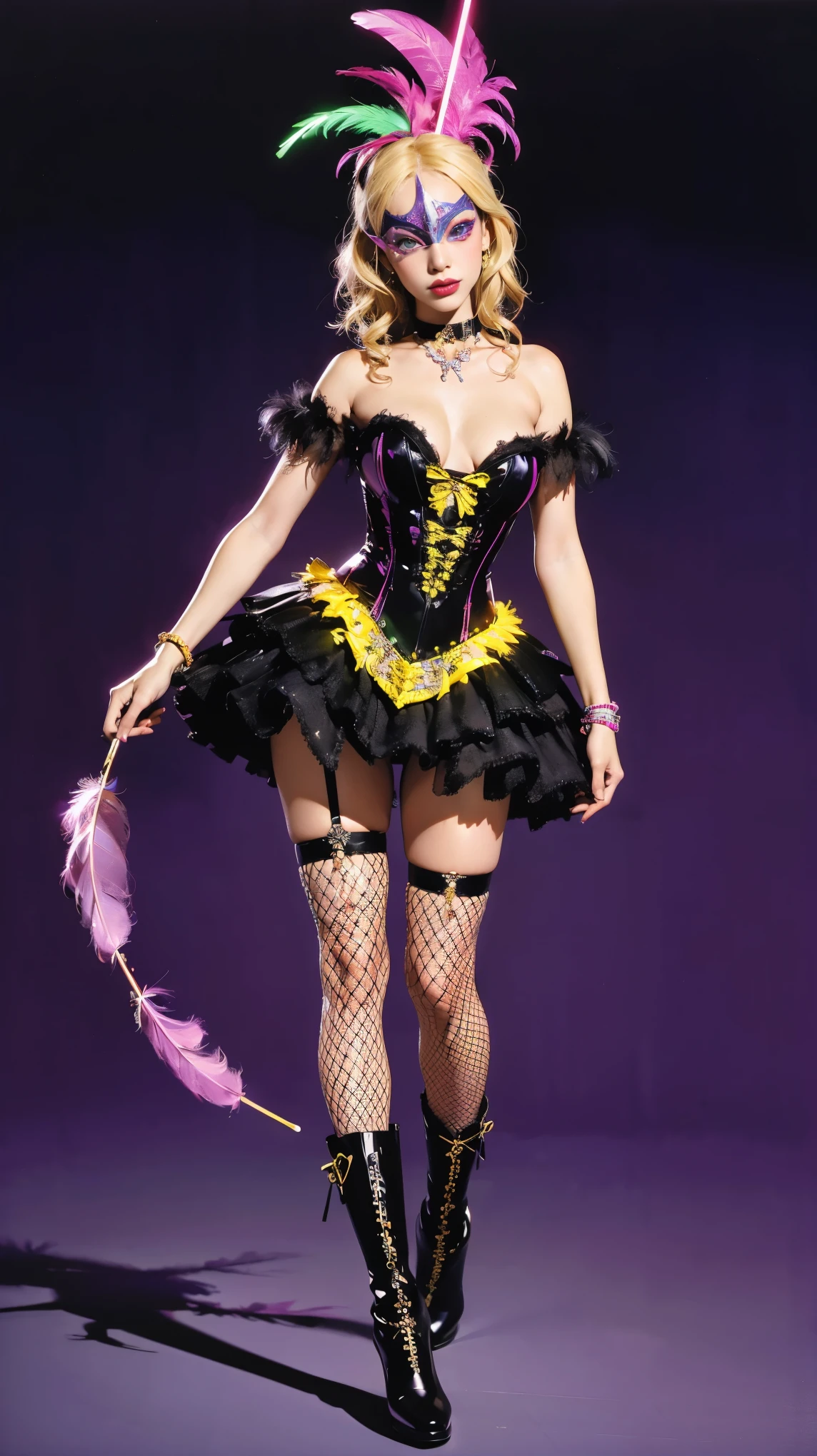 ((best quality,4k,highres,masterpiece:1.2)),((character concept art)), 1 female, age 19. Known for her love of the EDM rave scene and flamboyant lifestyle, Madison embodies the role of a modern, young, and outgoing American girl. With her sun-kissed skin color, blonde hair, and green eyes, she exudes vibrant energy, Her outfit includes a vibrant, sequined corset and matching tutu, fishnet stockings, high-heeled boots, (((a choker, a masquerade mask adorned with sequins and feathers, and assorted beaded bracelets and neon glow sticks))), Her body language is as outgoing and confident as her personality, and she carries her ensemble with an air of unapologetic confidence. ((intricate detail)), super finely detailed hands, ultra finely detailed fingers((ten fingers)), (standing confidently), (full body showcase), (show full body), (no logos on background), (no logo), ((plain background)), ((plain background)), (((empty background))).