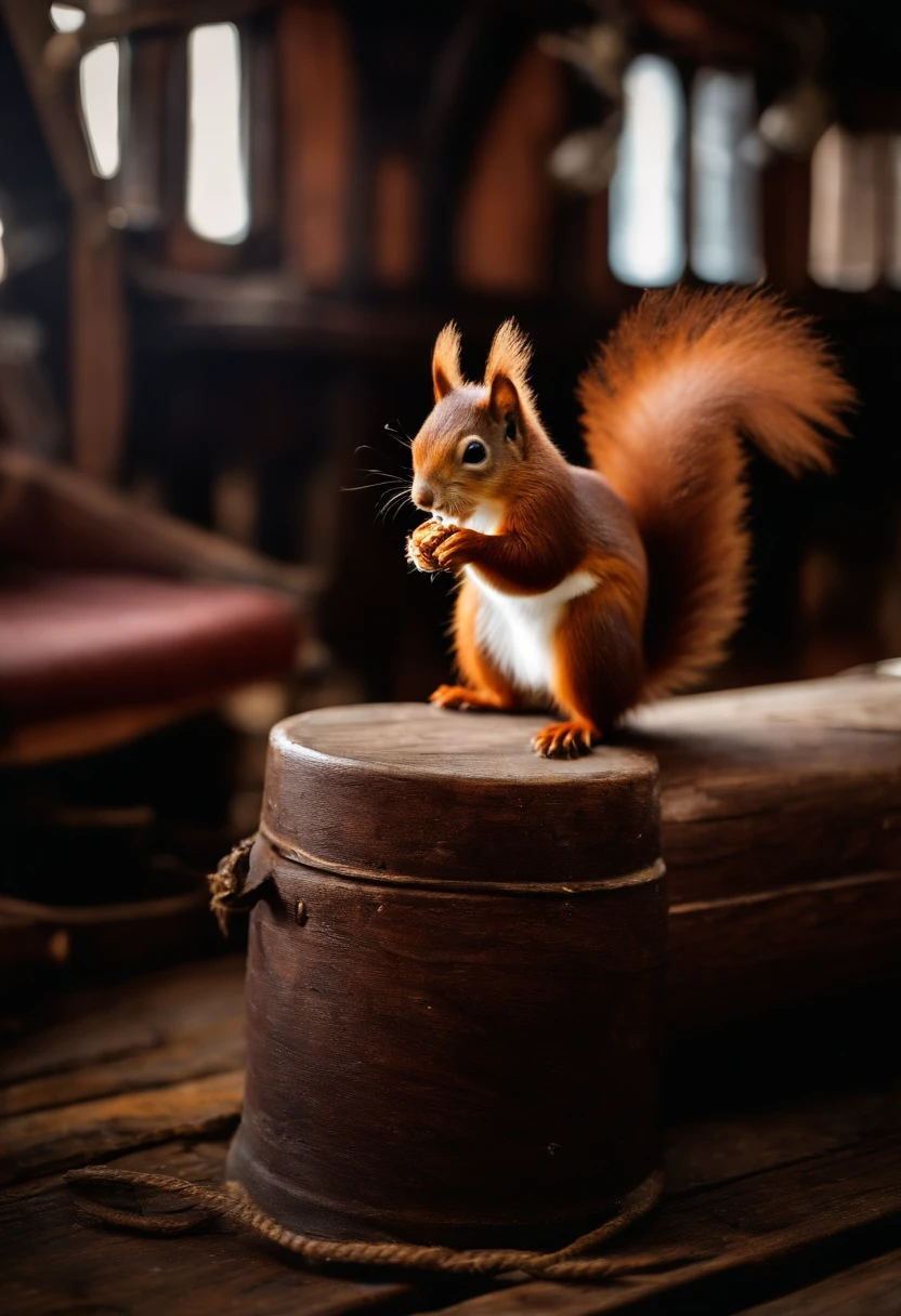 Red squirrel, walking on pirate ship floor, at the Captain quarters.