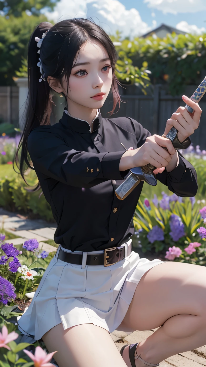 Ultra-realistic 8k CG,(white panties:1.4)、(Beautiful bikini panties:1.4) 、squat and open your legs、beautiful pantieasterpiece,(mini skirt生脚white panties:1.4) ,spread legs,show white panties,mini skirt、front、, (weapon in hand: 1.2), (attack: 1.2), beauty, goddess, (生脚white panties:1.3),frontから, face sticking out, (super detailed background, delicate pattern, intricate details)), high quality, highly detailed face, (超mini skirtwhite panties:1.4)、highly detailed eyes and face, highly detailed eyes, kocho shinobi, colorful hair, No bangs, hair intake, purple eyes, amount, black shirt, black pants (Haori, butterfly, button, belt, (garden: 1.2), purple flowers, Chibi, cloudy null, sunlight, Tyndall effect, exy、Slope_null, face, gorgeous null, Sword at the waist,Ultra-realistic 8k CG, masterpiece,(mini skirt:1.4) close, (weapon in hand: 1.2), (attack: 1.2), beauty, goddess, frontから, face sticking out, (super detailed background, delicate pattern, intricate details)), high quality, highly detailed face, highly detailed eyes and face, highly detailed eyes, kocho shinobi, colorful hair, No bangs, hair intake, purple eyes, amount, black shirt, black pants (Haori, butterfly, button, belt, (garden: 1.2), purple flowers, Chibi, cloudy null, sunlight, Tyndall effect, Slope_null, face, gorgeous null, Sword at the waist,