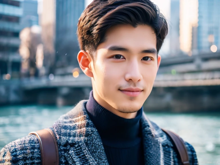 Realism, 8K full body portrait, a handsome guy, 28 year old man,Wearing wool sweaters and jackets. charming expression, Detailed  details, Cherry blossoms bloom on both sides of the Meguro River. 