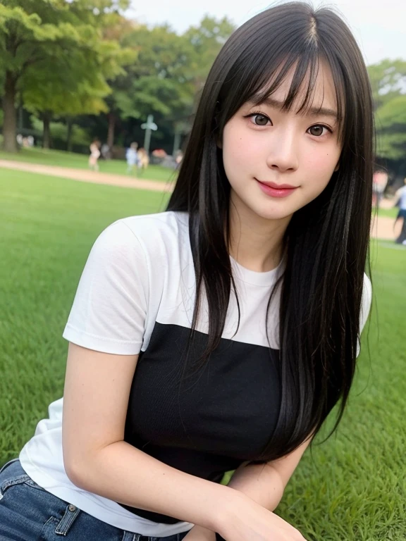 (kawaii 24 year-old Japanese girl, Nogizaka idol, Korean idol), healthy female athlete body, (glossy black hair, pixie cut, messy hair edge, symmetric length hair:1.3), (bangs), (rounded face, brown eyes, single eyelid, no makeup, soft smiling:1.2), (wearing over-sized t-shirt, skinny jeans:1.3), (flat , extra small :0.9), (looking at viewer:1.2), BREAK, (turf in the park background:1.3), (dynamic angle:1.3), BREAK, (masterpiece, best quality, photo realistic, official art:1.4), (UHD, 8K quality wallpaper, high resolution, raw photo, golden ratio:1.2), (shiny skin), professional lighting, physically based rendering, award winning, (perfect , highly detailed skin, extremely detailed face and eyes), Carl Zeiss 85 mm F/1.4, depth of field, 1girl, solo,