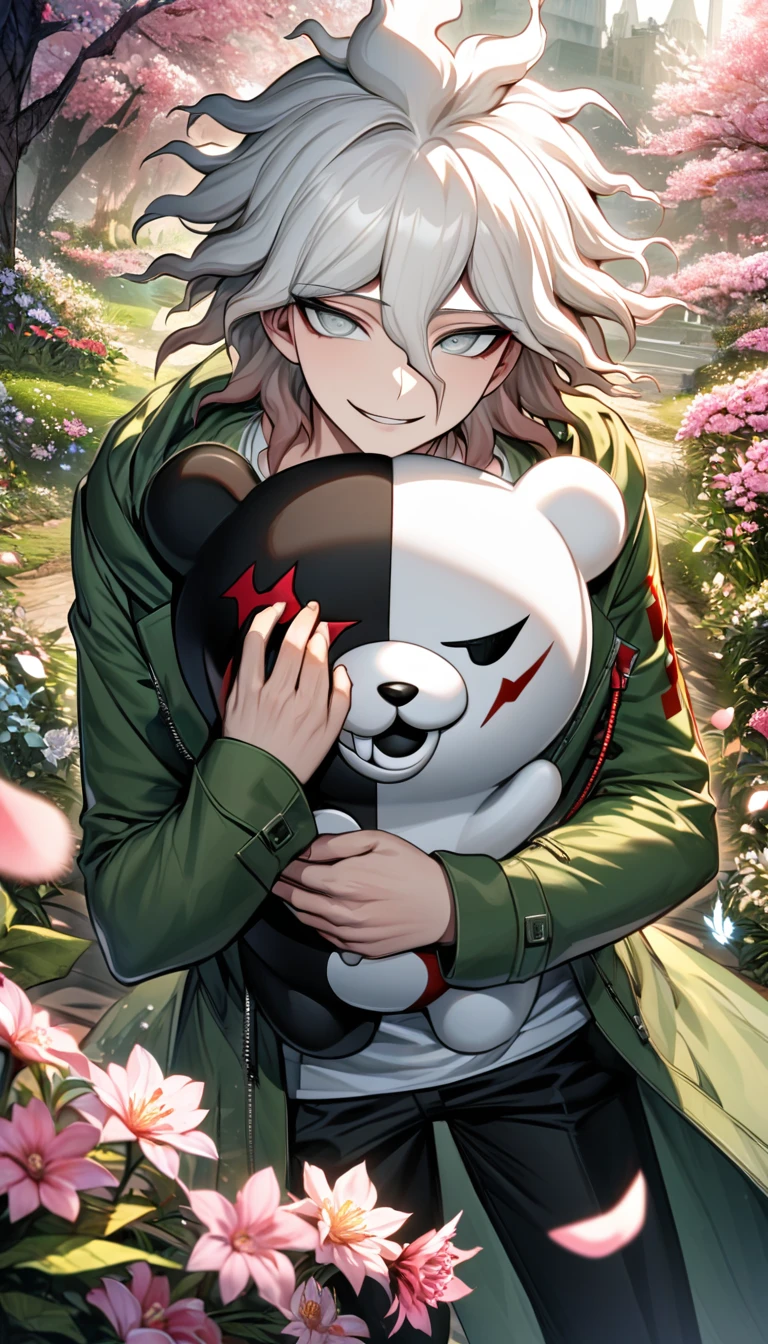 Ultra detailed, highres, absurdres, HDR, Komaeda Nagito, white hair, silver eyes, Danganronpa 2, green long coat, 1 man only, handsome, white tight t-shirt, spring, black pants, flowers and petals, pink leaves, butterflies, smirking, holding a plushie of Monokuma,