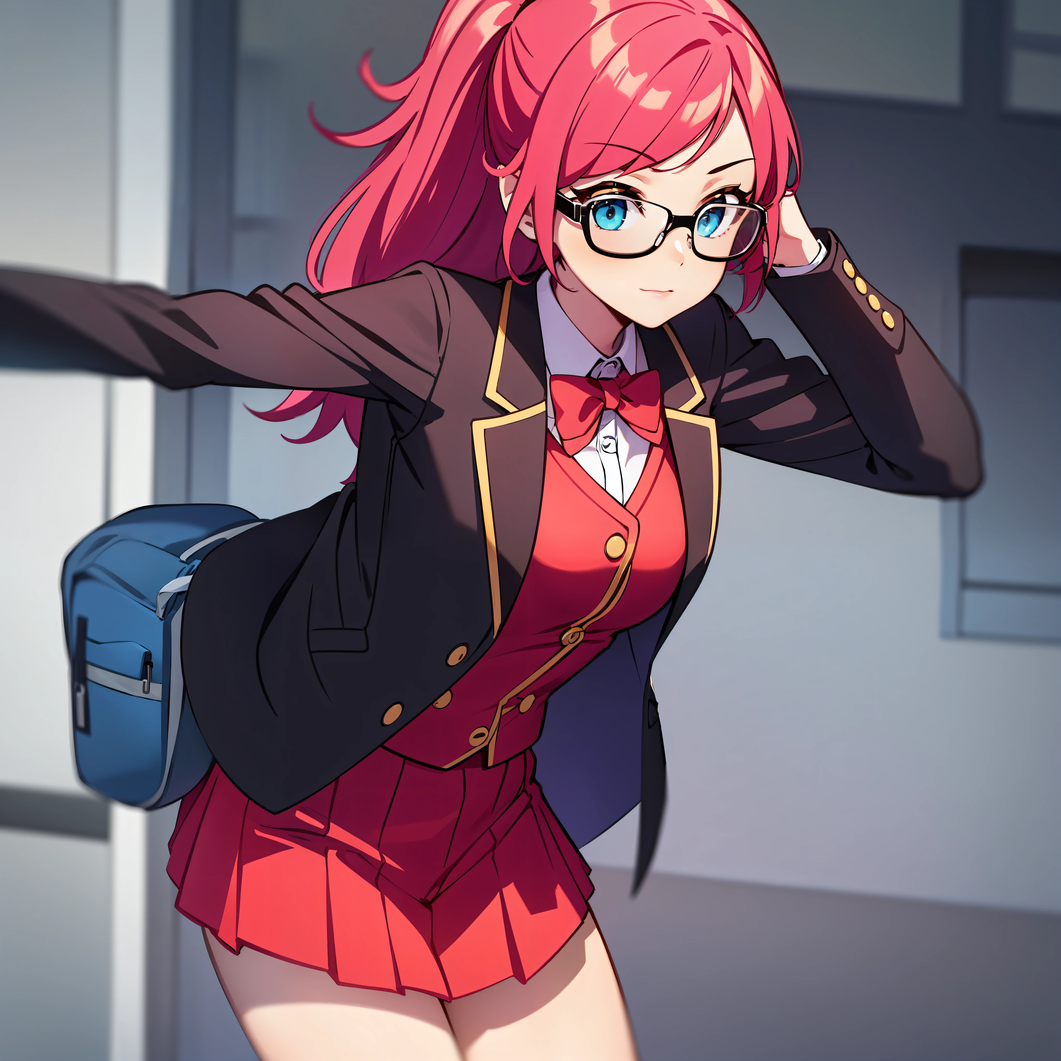 chaqueta uniforme, 1 chica, pararse, chaqueta negra, Camisa blanca, vestido rojo, anteojos, solo