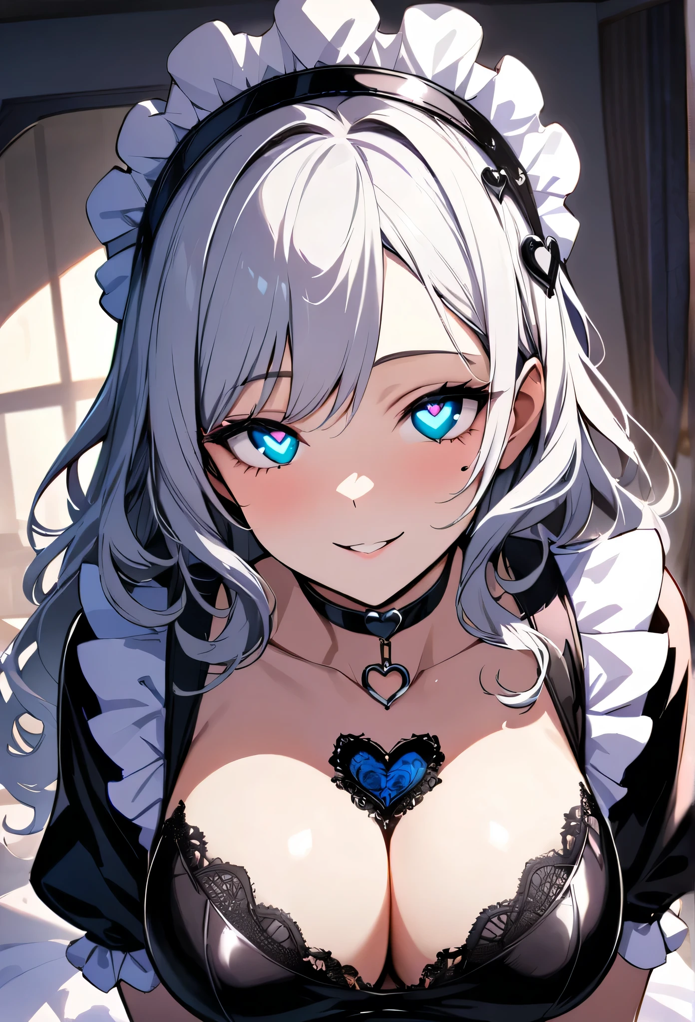 {Girl with shoulder-length black wavy hair named Rico}, maid costume,latex,tall,'', (It feels like saying Hello, daytime hours), indoor,{going out style}, ((Heart-shaped choker) ), (bedroom), Bright background, Mole under the eye, Heart-shaped choker, ((Masterpiece)), Highly detailed CG Unity 8k wallpaper), Top quality, One girl, Detailed background, beautifully detailed eyes, heart shaped pupils,hollow eyes, looking at viewer,(very delicate and beautiful)), ((beautiful) eyes (detailed description),extra large breasts,lace underware,floating heart,brainwashed, smile