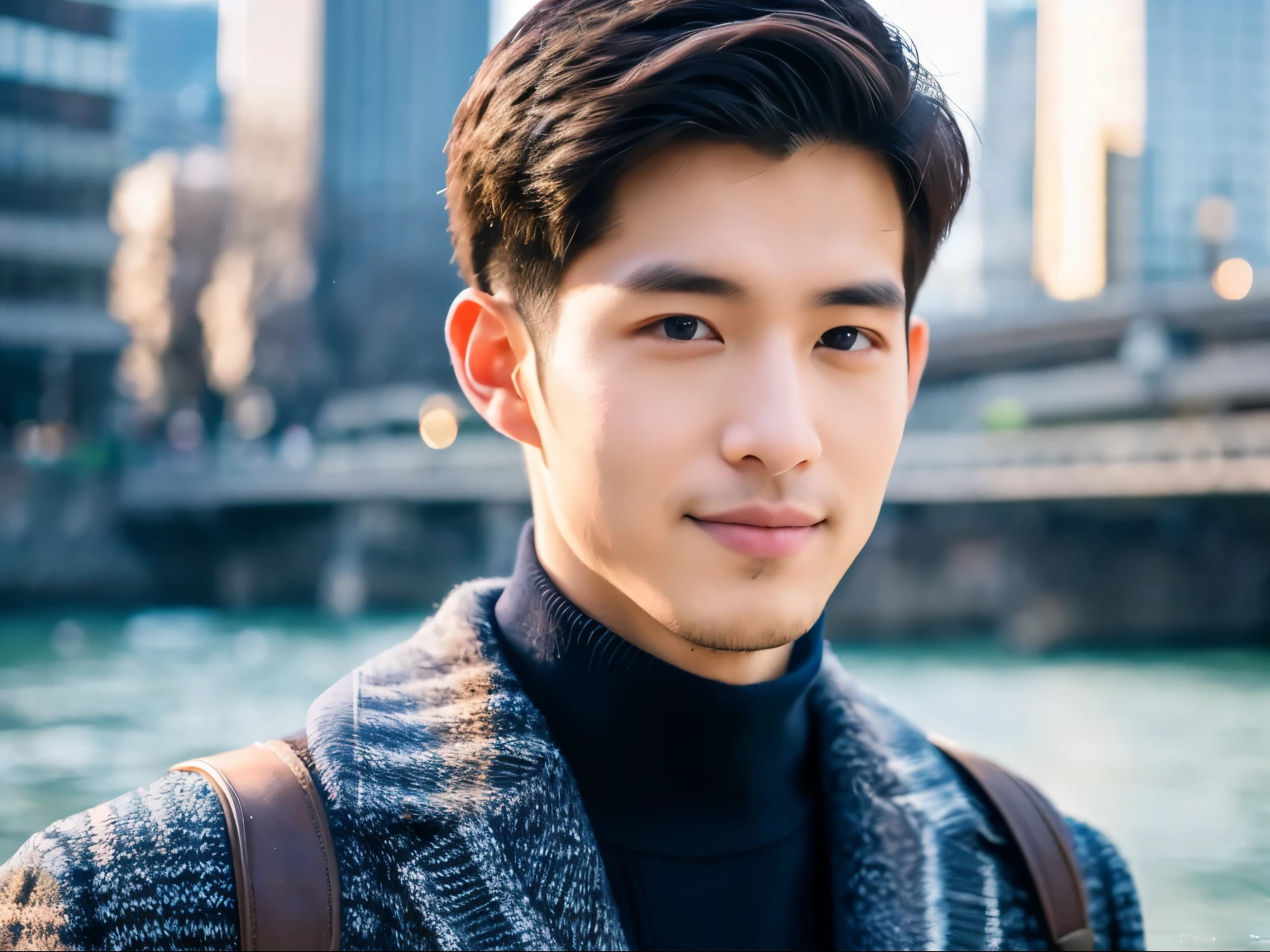 Realism, 8K full body portrait, a handsome guy, 28 year old man,Wearing wool sweaters and jackets. charming expression, Detailed facial details, Cherry blossoms bloom on both sides of the Meguro River.