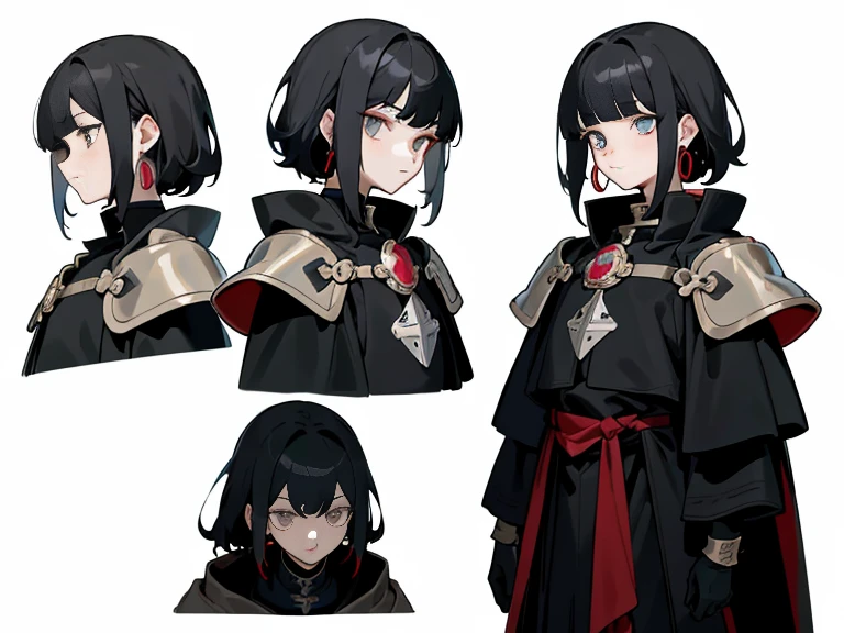 masterpiece: 1.6, Best quality: 1.4, live image: 1.2, complex parts: 1.2, charternerv2: 1.2, complete body character change,
Appearance: ruby eyes, detailed eyes, quality eyes,
Cloth: black medieval tunic, black gloves, heavy black coat, draped over shoulders,
accessories: simple hoop earrings,
hair: unruly short gray-black hair, with bangs just below the hair,
(single background, White background: 1.3), several views, several views of the same character in the same outfit: 1.3.