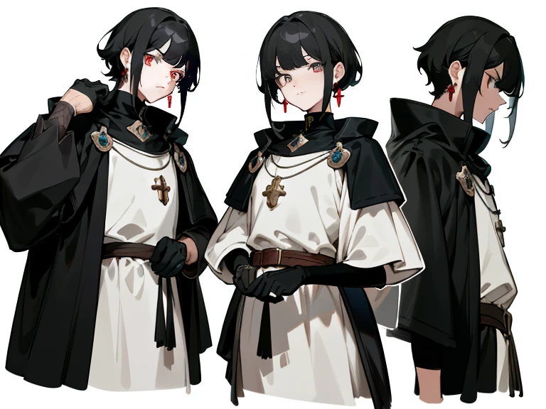 masterpiece: 1.6, Best quality: 1.4, live image: 1.2, complex parts: 1.2, charternerv2: 1.2, complete body character change,
Appearance: ruby eyes, detailed eyes, quality eyes,
Cloth: black medieval tunic, black gloves, heavy black coat, draped over shoulders,
accessories: simple hoop earrings,
hair: unruly short gray-black hair, with bangs just below the hair,
(single background, White background: 1.3), several views, several views of the same character in the same outfit: 1.3.
