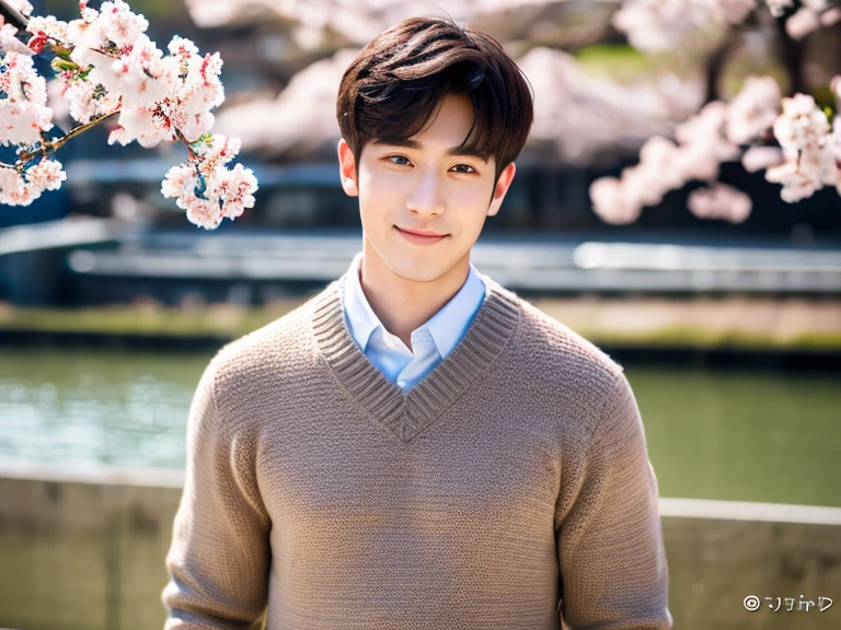 Realism, 8K full body portrait, a handsome guy, 28 year old man,Wearing wool sweaters and jackets. charming expression, Detailed facial details, Cherry blossoms bloom on both sides of the Meguro River.